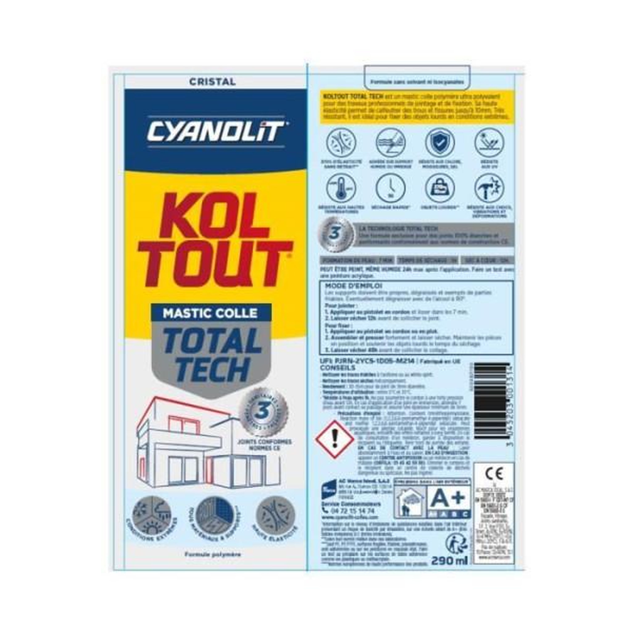 Voir la diapositive 2 : CYANOLIT Colle de fixation et d'étanchéité - CYANOLIT - Total tech - Cristal - Cartouche 290 ml - Transparent - Multi-matériaux et fl
