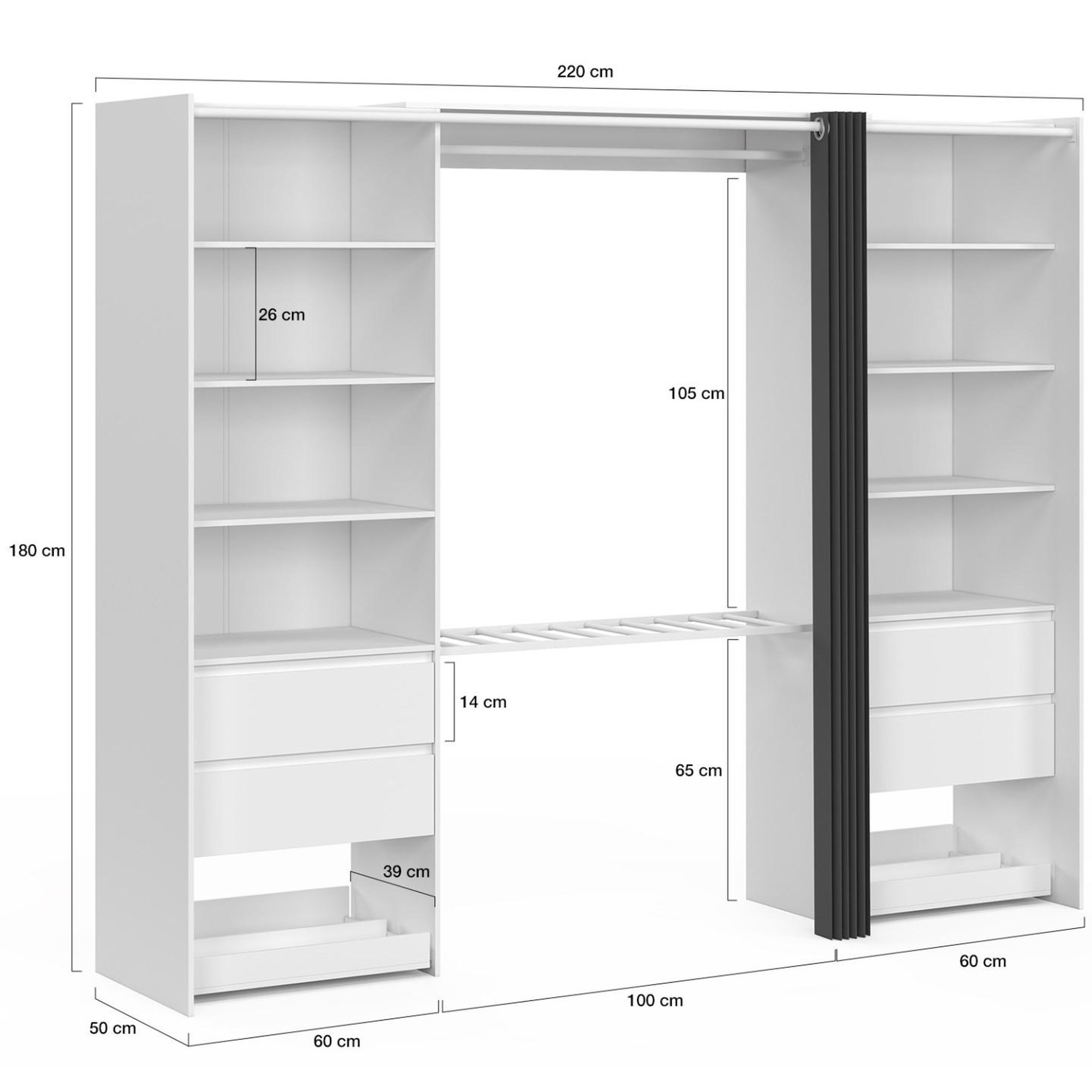 Voir la diapositive 4 : ID MARKET Dressing double xxl meryl 220 cm avec porte pantalons + étagères + tiroirs + rangements à chaussures blanc et gris