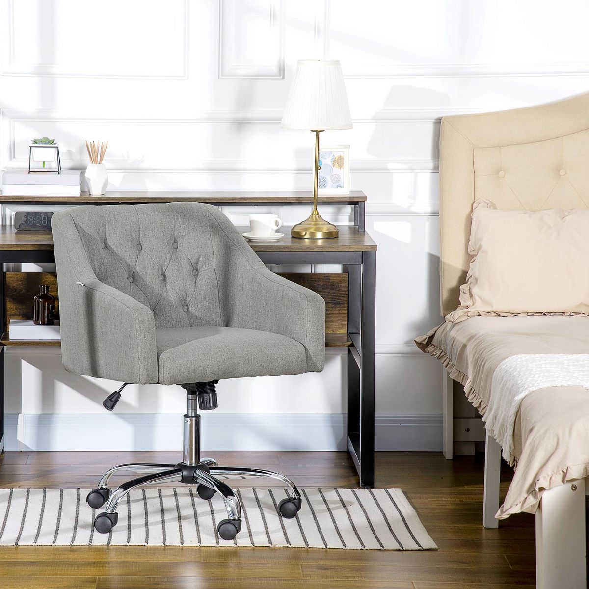 VINSETTO Chaise de bureau design Chesterfield capitonné hauteur réglable pivotant 360° fonction bascule piètement chromé tissu gris