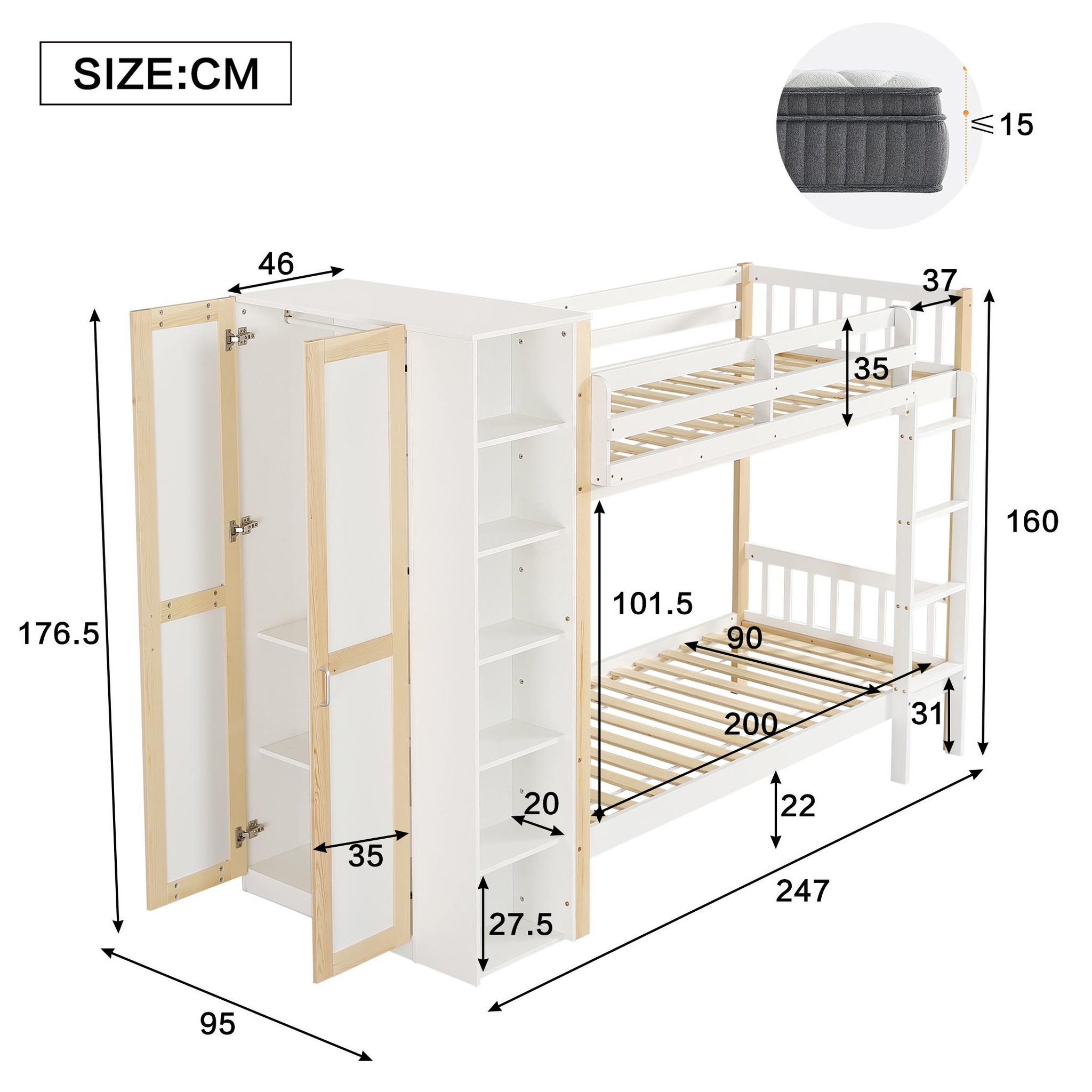 Voir la diapositive 3 : MERAX Lit superposé 90x200cm bois et mdf coloris blanc+naturel