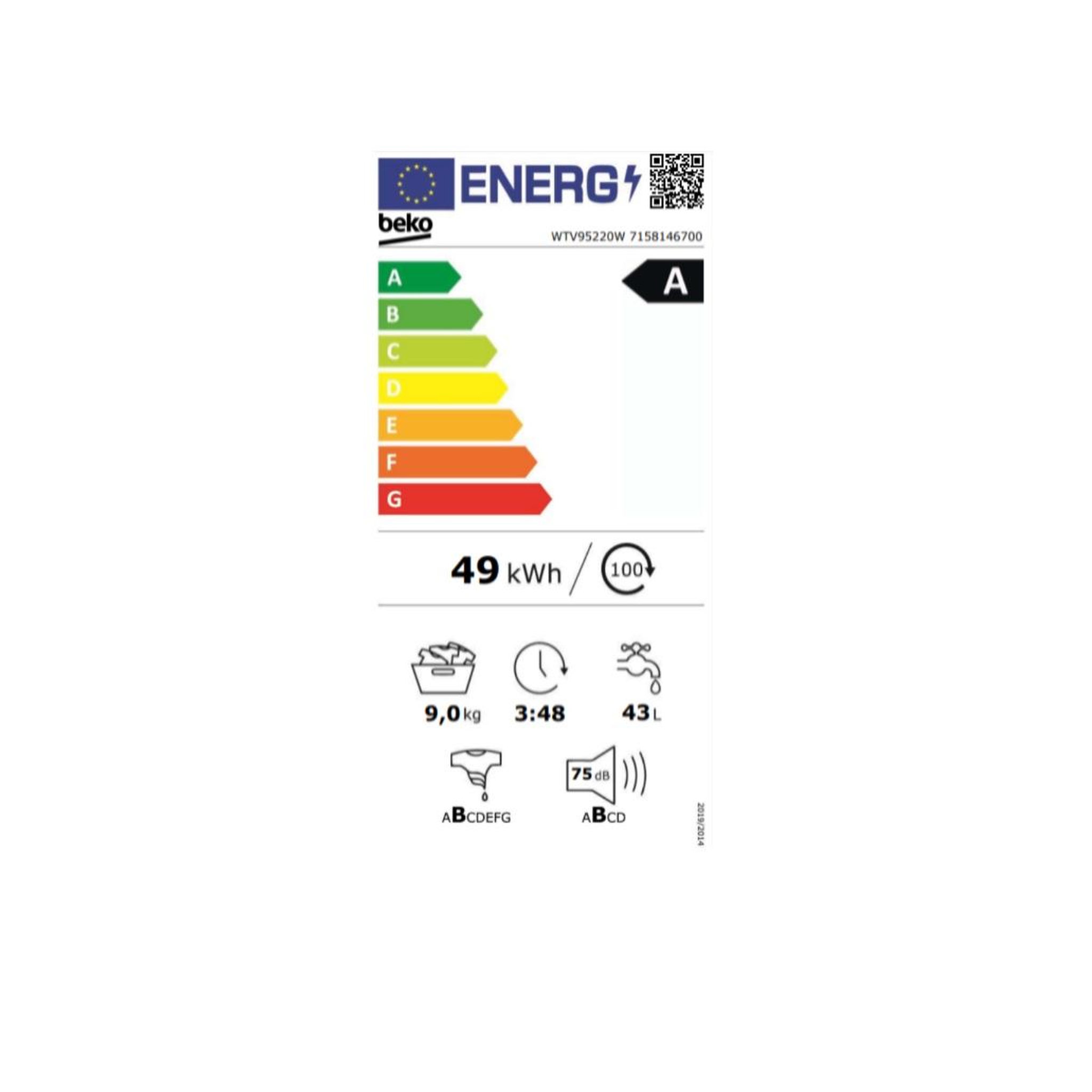 Voir la diapositive 2 : Beko Lave-linge frontal 9kg 1400 tours/min - WTV95220W