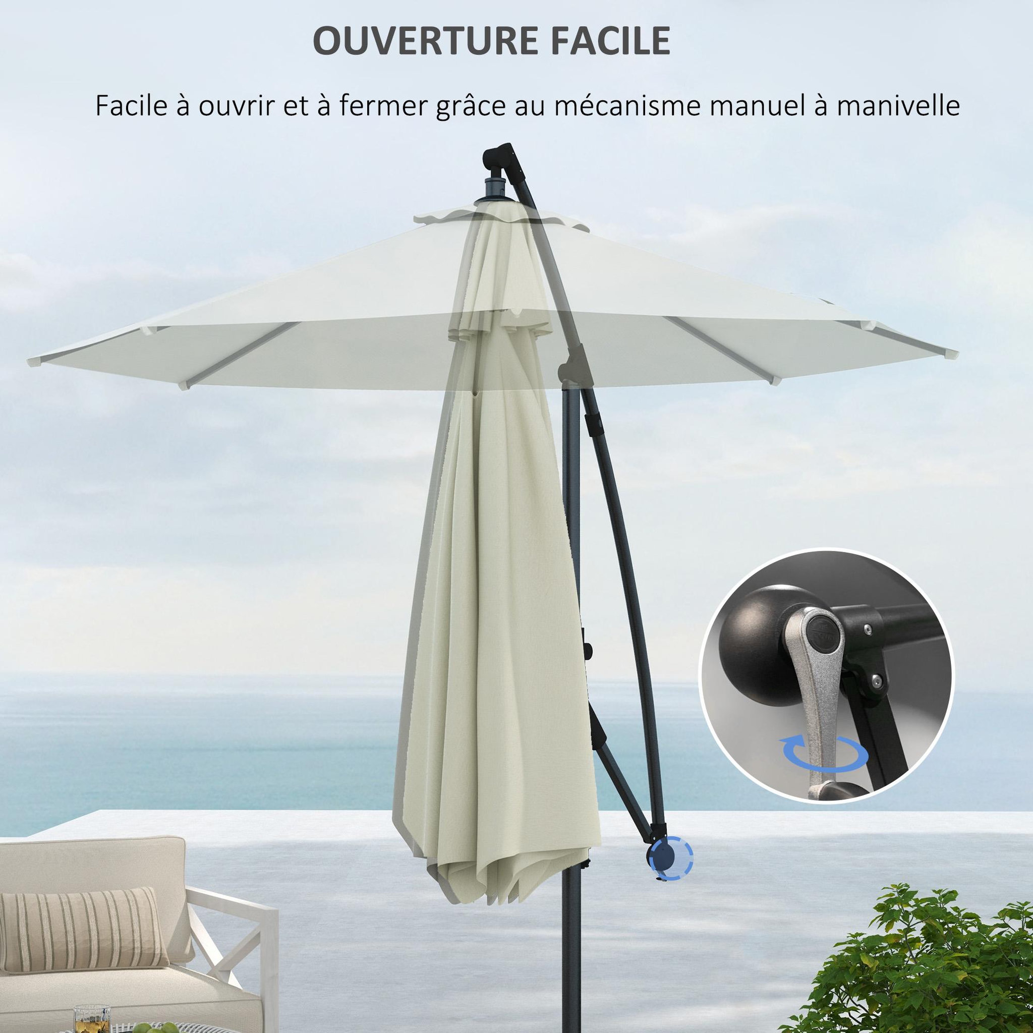 Voir la diapositive 6 : OUTSUNNY Parasol déporté octogonal inclinable Ø 2,93 x 2,60 m avec pied métal époxy alu crème