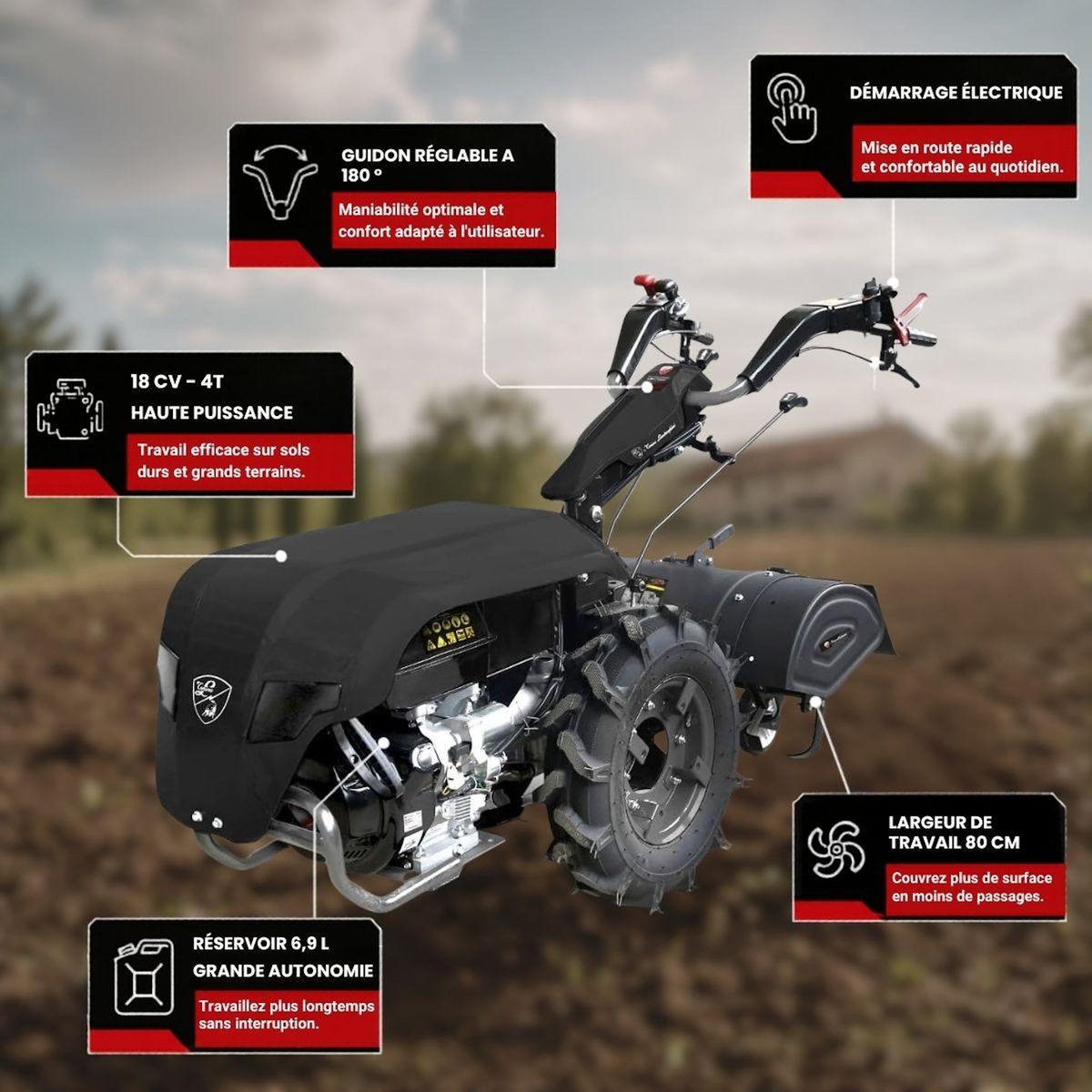 BY TONINO LAMBORGHINI GARDEN MACHINERY Motoculteur thermique Agricole 18CV 500cc 4T Démarrage électrique Fraise rotative 800mm Guidon réglable Tonino Lamborghini