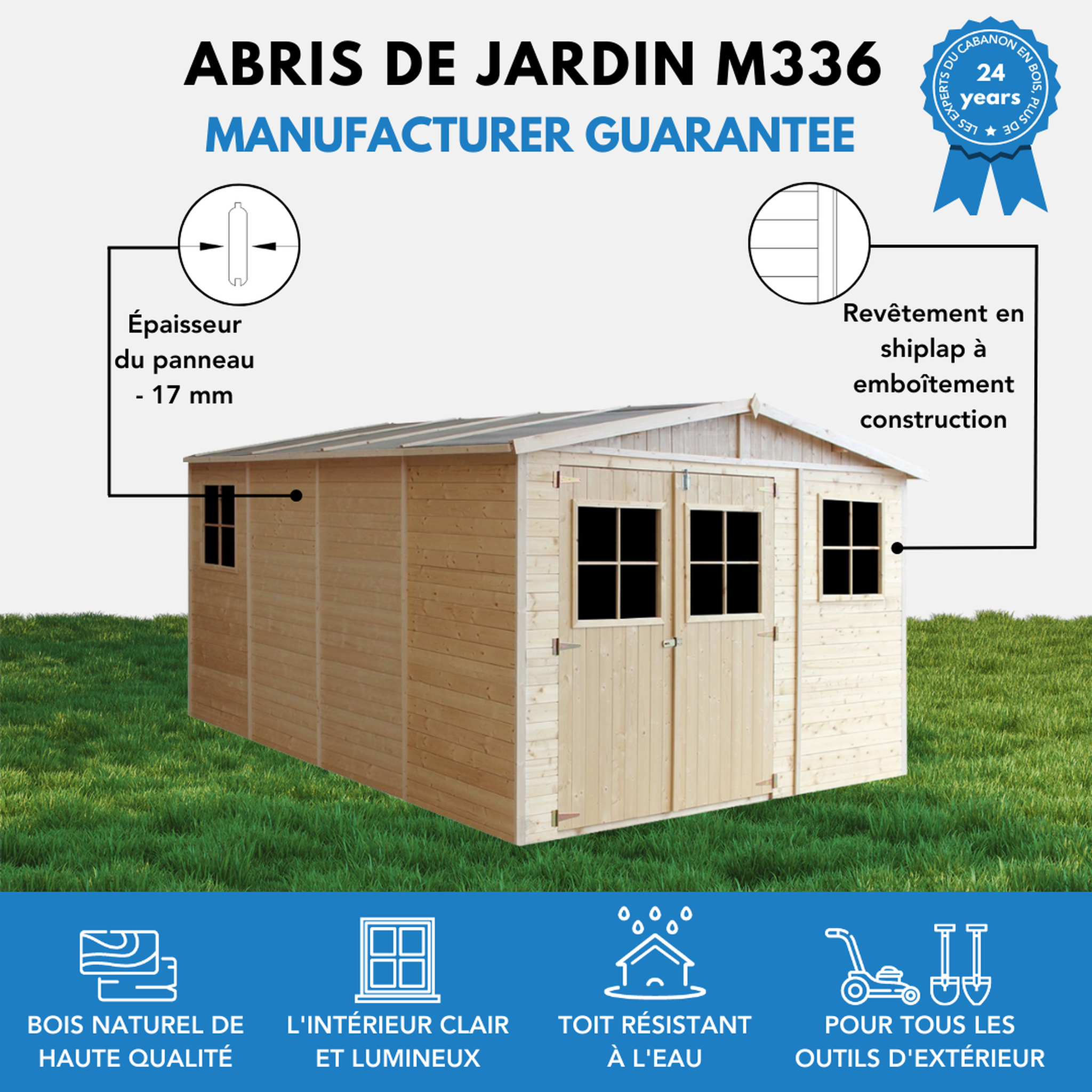 Voir la diapositive 6 : TIMBELA Abri de Jardin en Bois avec les planchers imprégné - H226x324x416 cm/12 m² M336+M336G