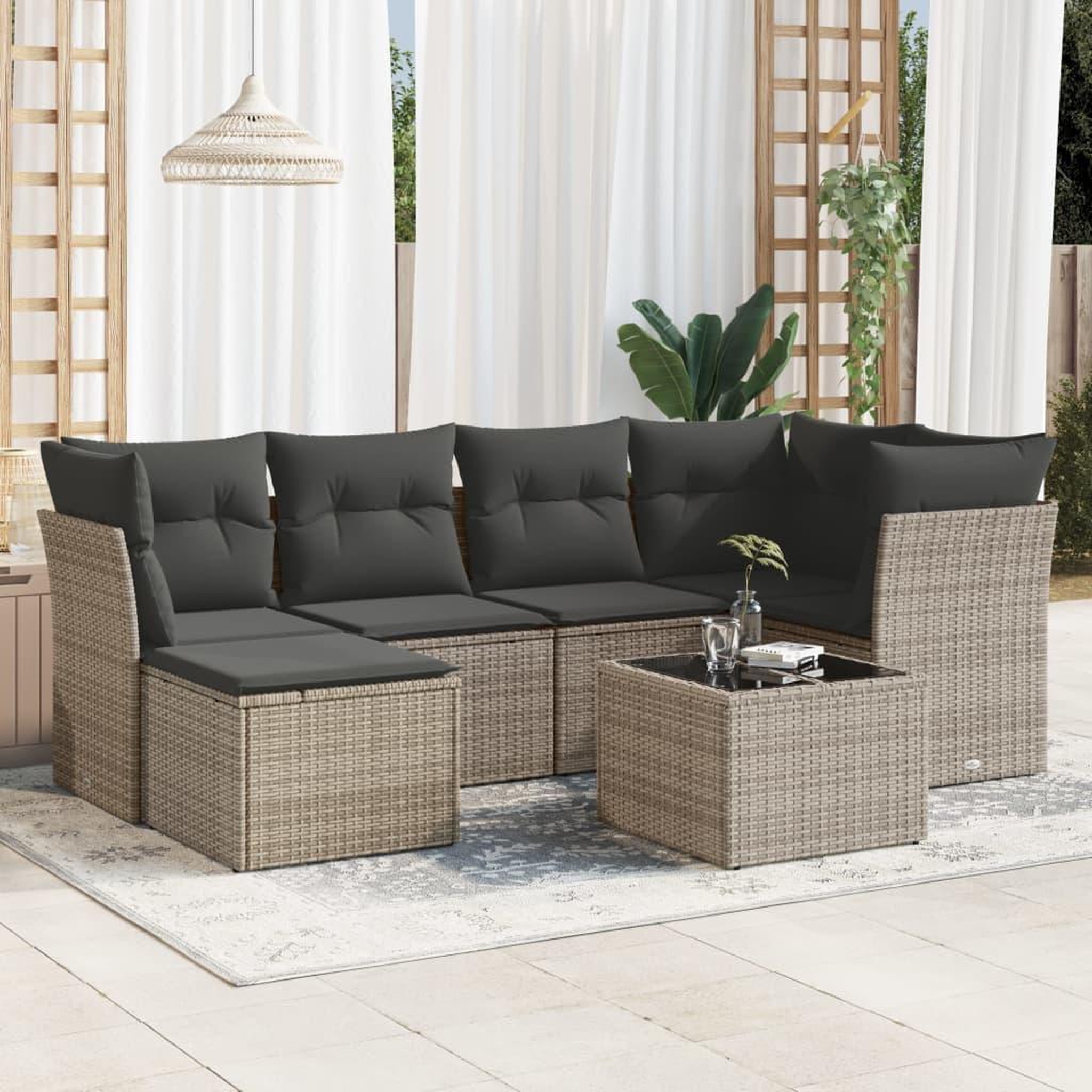 VIDAXL Salon de jardin avec coussins 7 pcs gris resine tressee