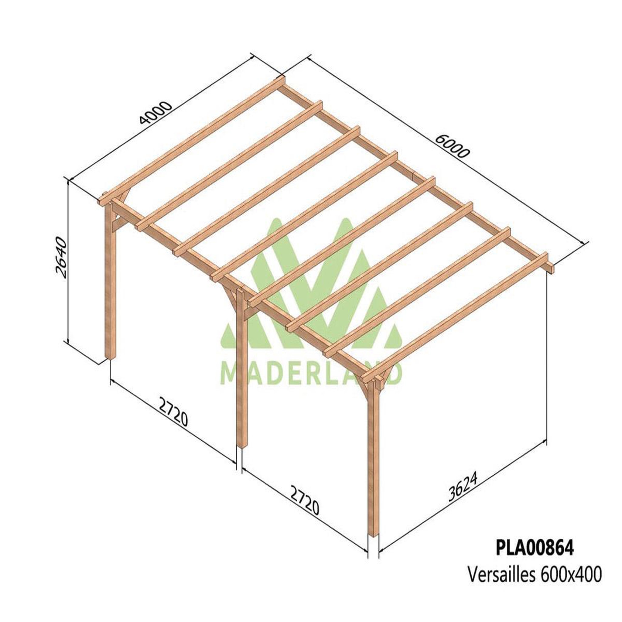 Voir la diapositive 3 : JARDIDECO Pergola adossée en lamellé-collé versailles 600 x 400 cm - maderland