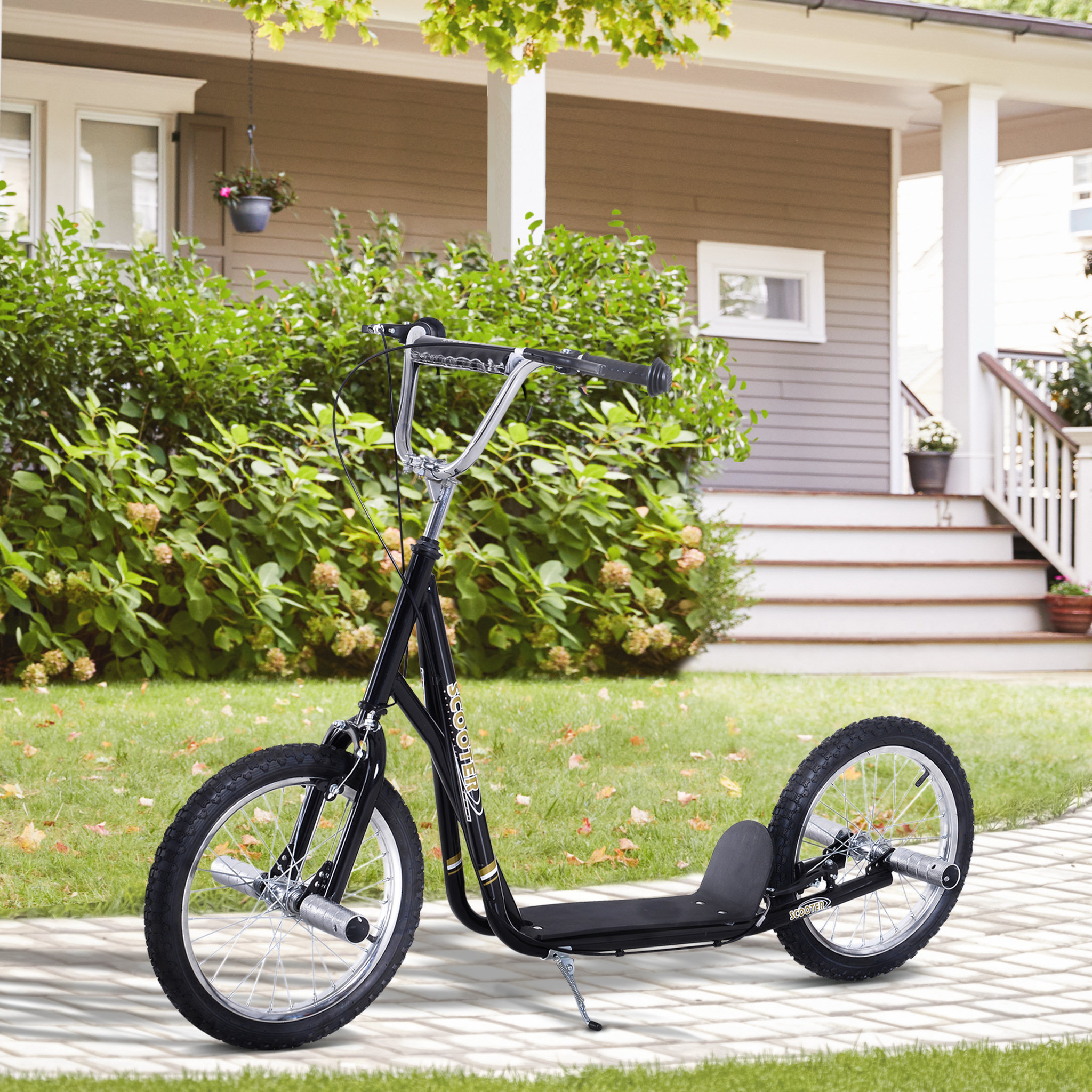Voir la diapositive 2 : HOMCOM Trottinette patinette freestyle grandes roues pneumatiques Ø 41 cm hauteur guidon réglable béquille pegs inclus acier noir