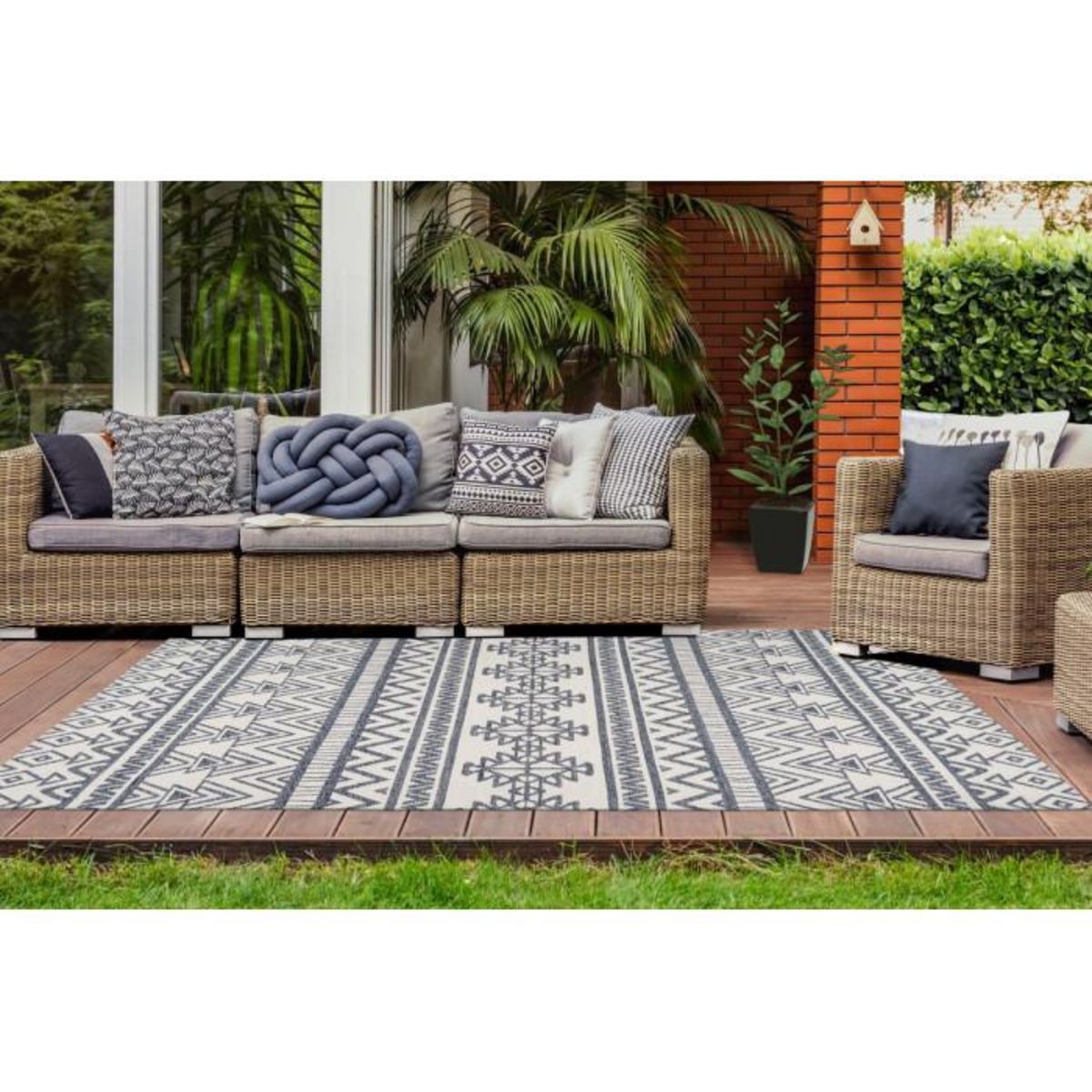 Paris Prix Tapis d'Extérieur Ethnique  Yoga  Anthracite & Ivoire