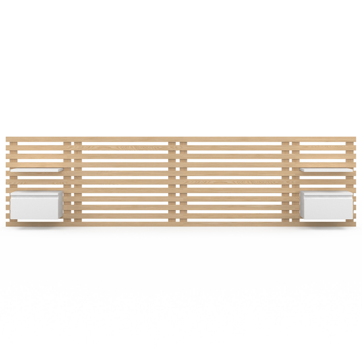 ID MARKET Tête de lit suspendue en lattes AVA 240 cm avec chevets + tiroir façon bois clair et blanc