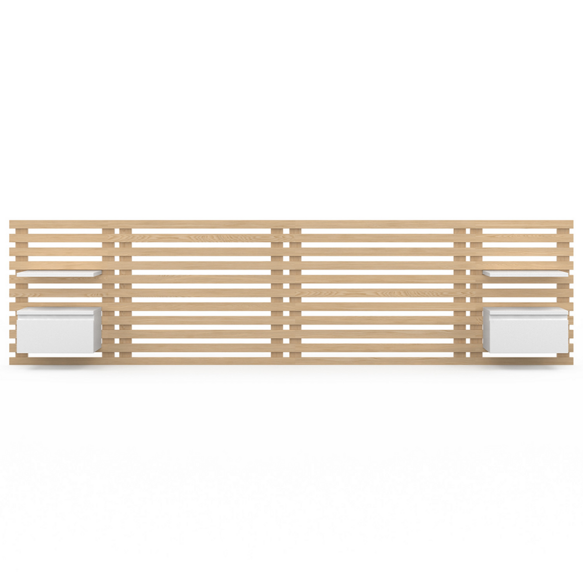 ID MARKET Tête de lit suspendue en lattes AVA 240 cm avec chevets + tiroir façon bois clair et blanc