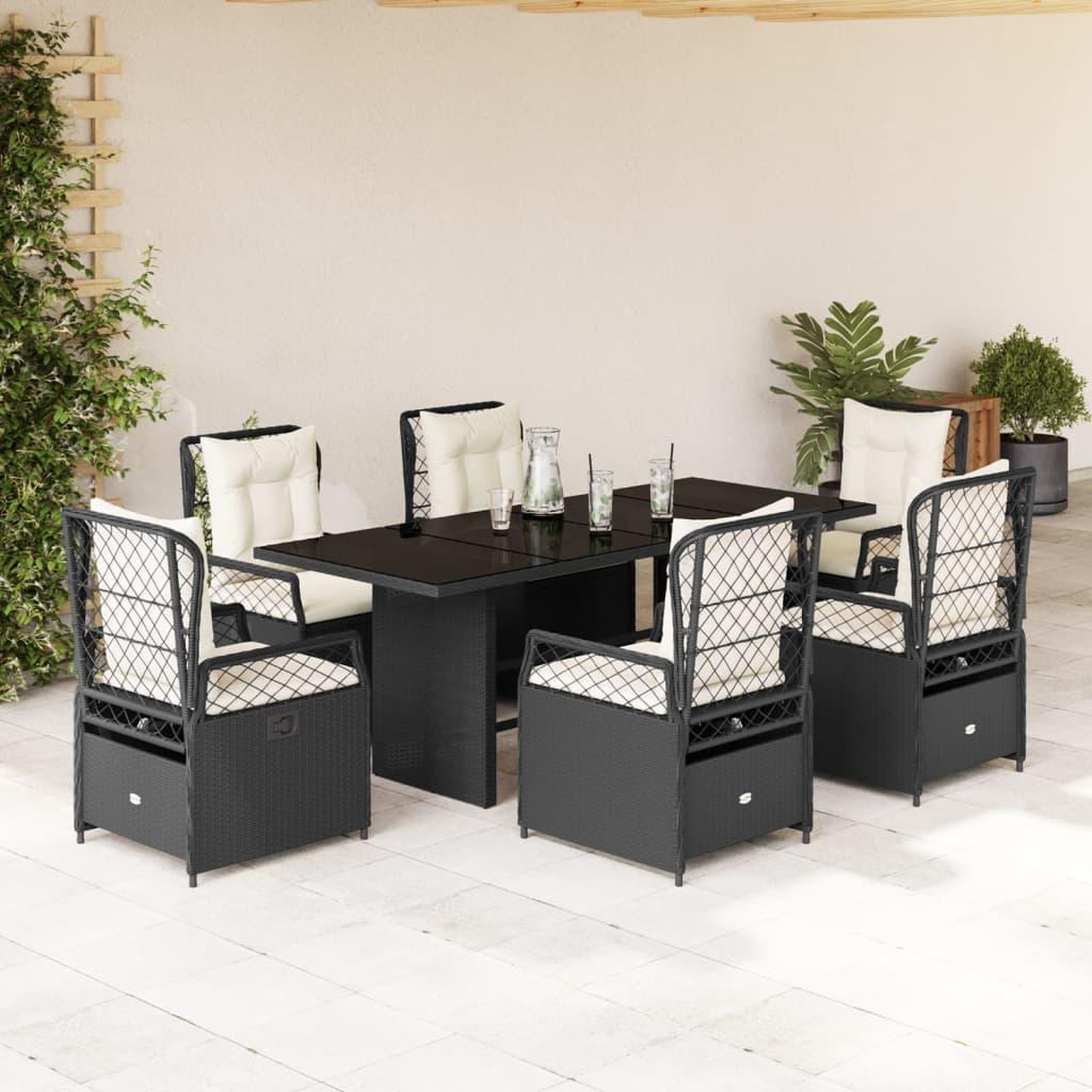 VIDAXL Ensemble a manger de jardin coussins 7pcs Noir Resine tressee