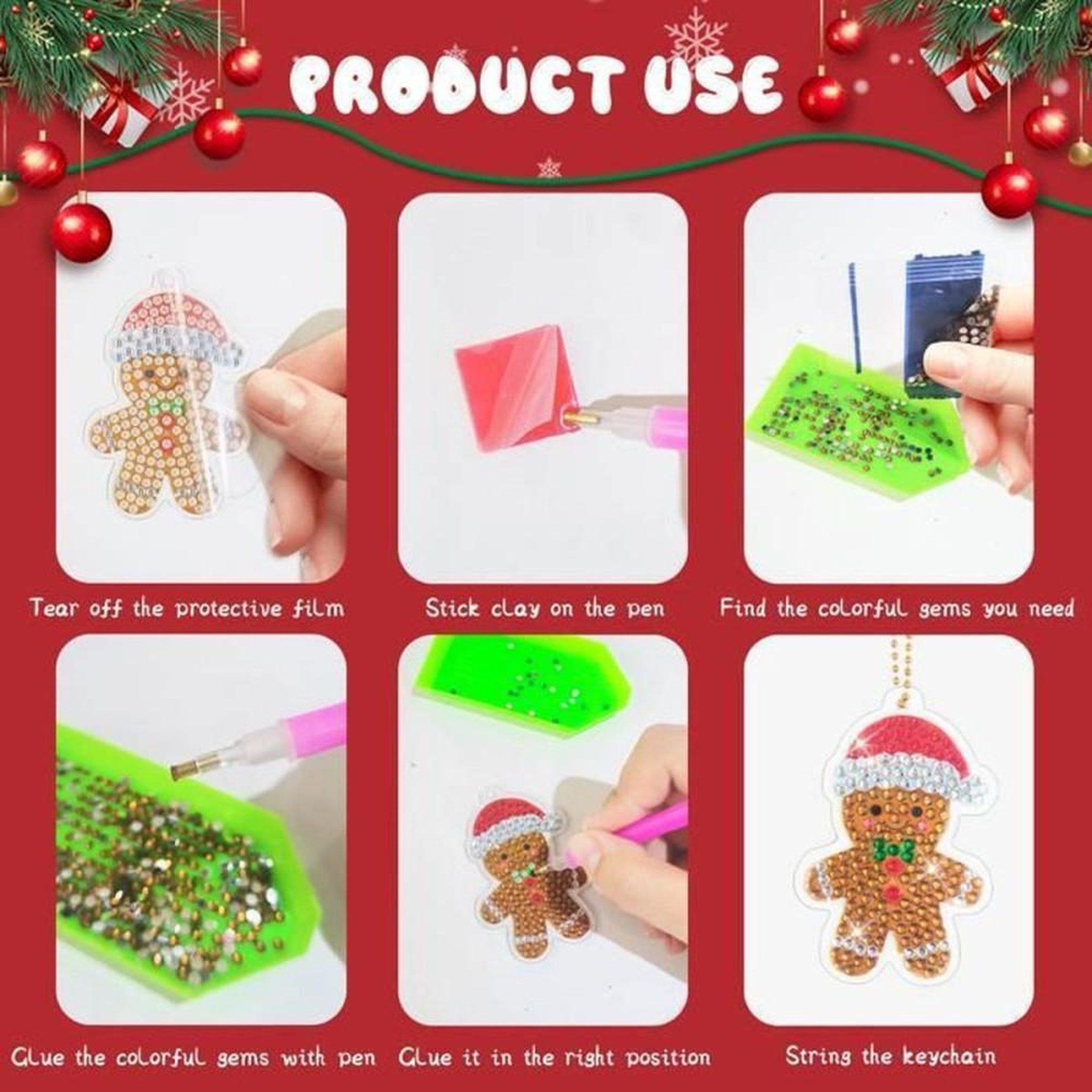 Voir la diapositive 6 : Décoration Noël diamant 5D couronne multicolore sur plaque acrylique, kit avec 12 porte-clés strass et stylo applicateur