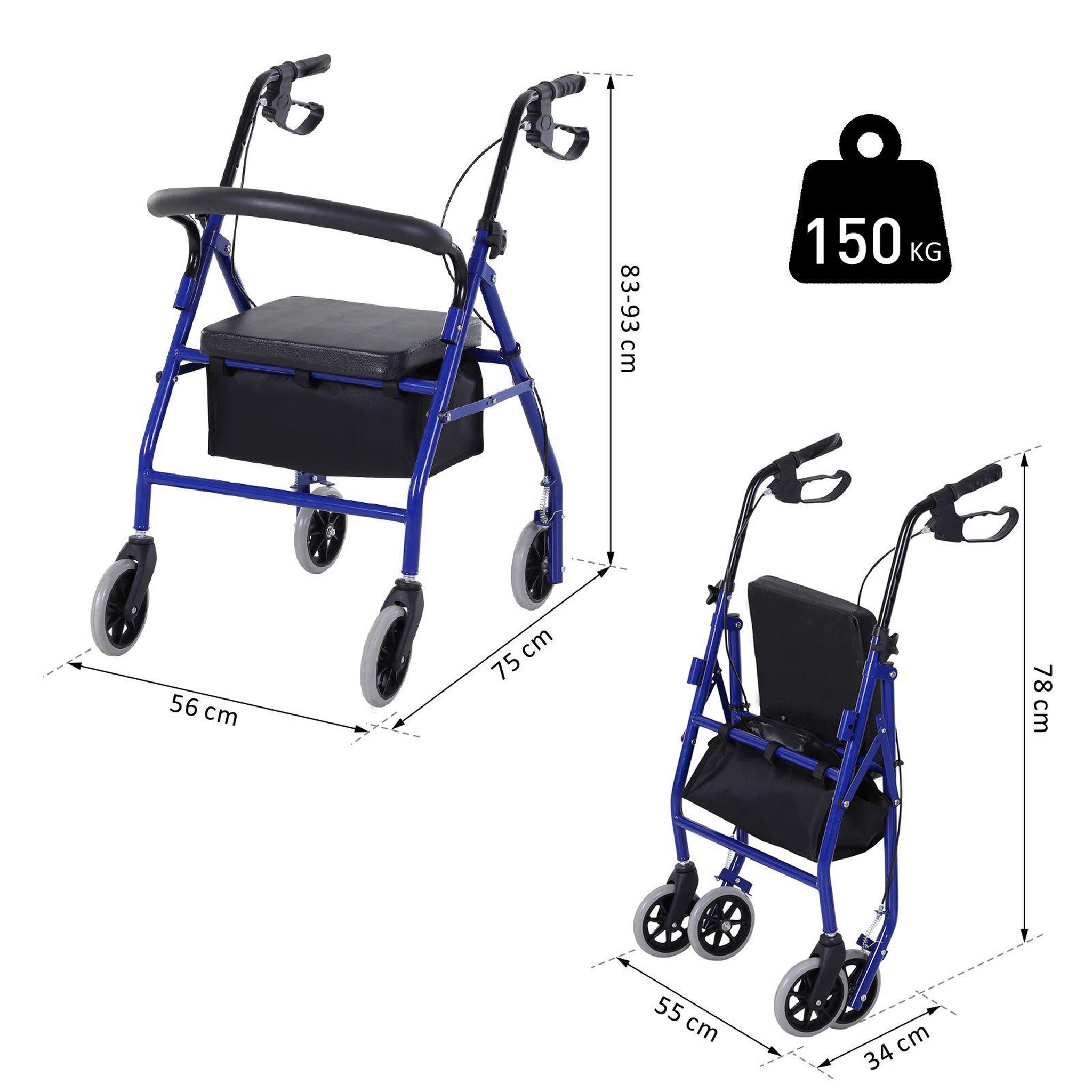 Voir la diapositive 3 : HOMCOM Déambulateur 4 roues - déambulateur pliable léger - assise + dossier rembourré  - poignées ergonomiques, freins à main - panier rangement - métal bleu