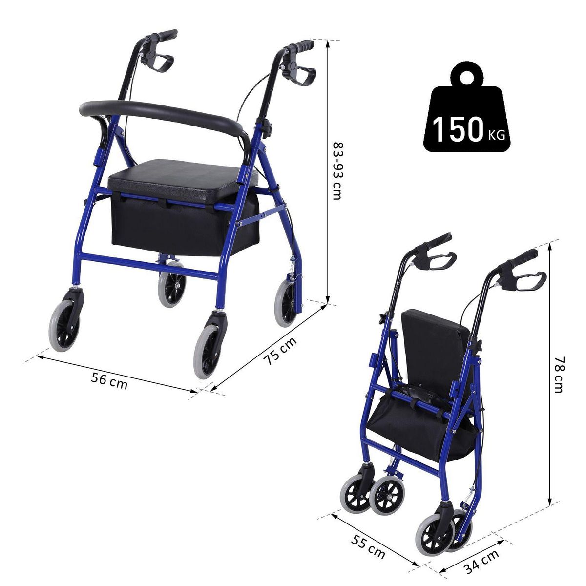 HOMCOM Déambulateur 4 roues - déambulateur pliable léger - assise + dossier rembourré  - poignées ergonomiques, freins à main - panier rangement - métal bleu
