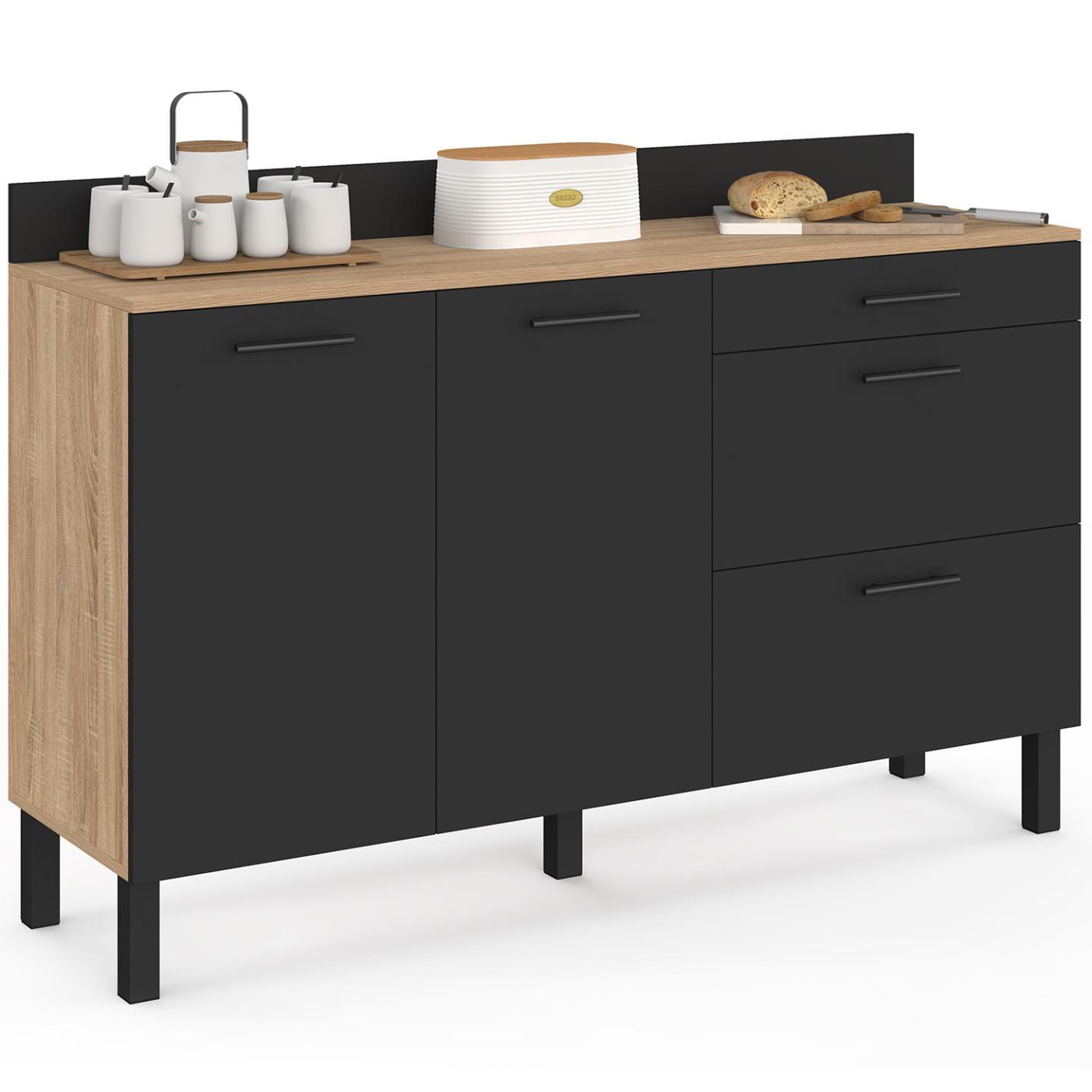 ID MARKET Buffet bas casserolier de cuisine 140 cm CINA plan de travail H.83 cm 2 portes + 3 tiroirs hêtre et noir
