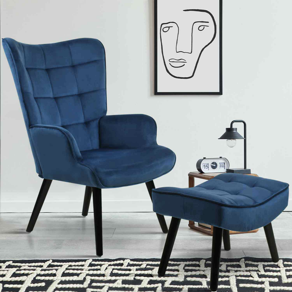 ID MARKET Fauteuil scandinave ANIA avec repose pieds velours bleu