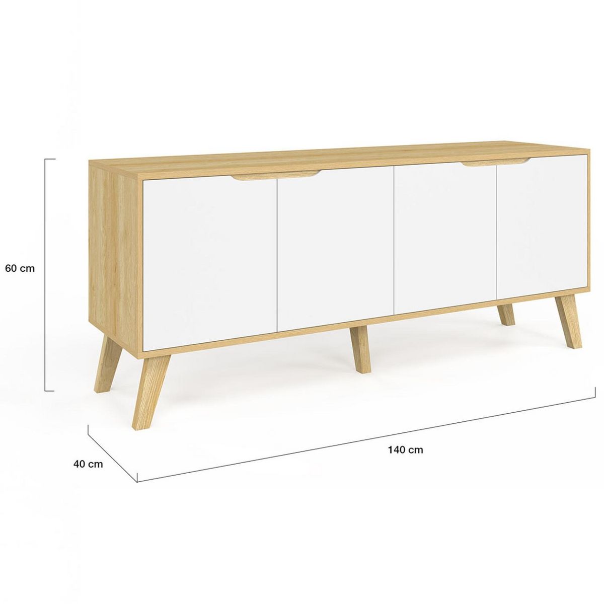 ID MARKET Buffet bas scandinave 140 cm FINN  4 portes blanc et bois façon hêtre