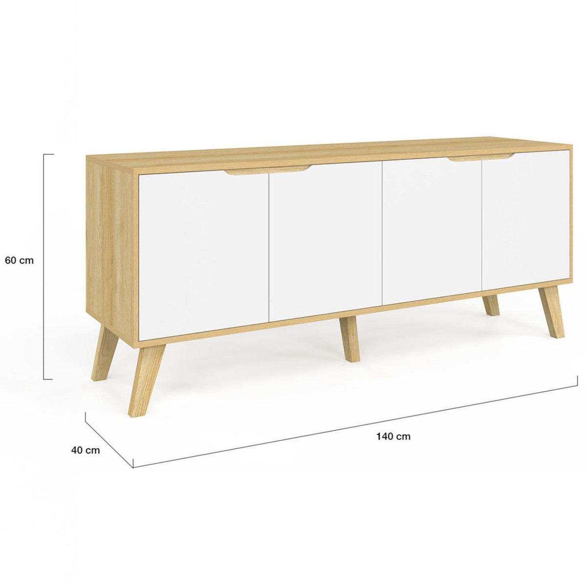 ID MARKET Buffet bas scandinave 140 cm FINN  4 portes blanc et bois façon hêtre