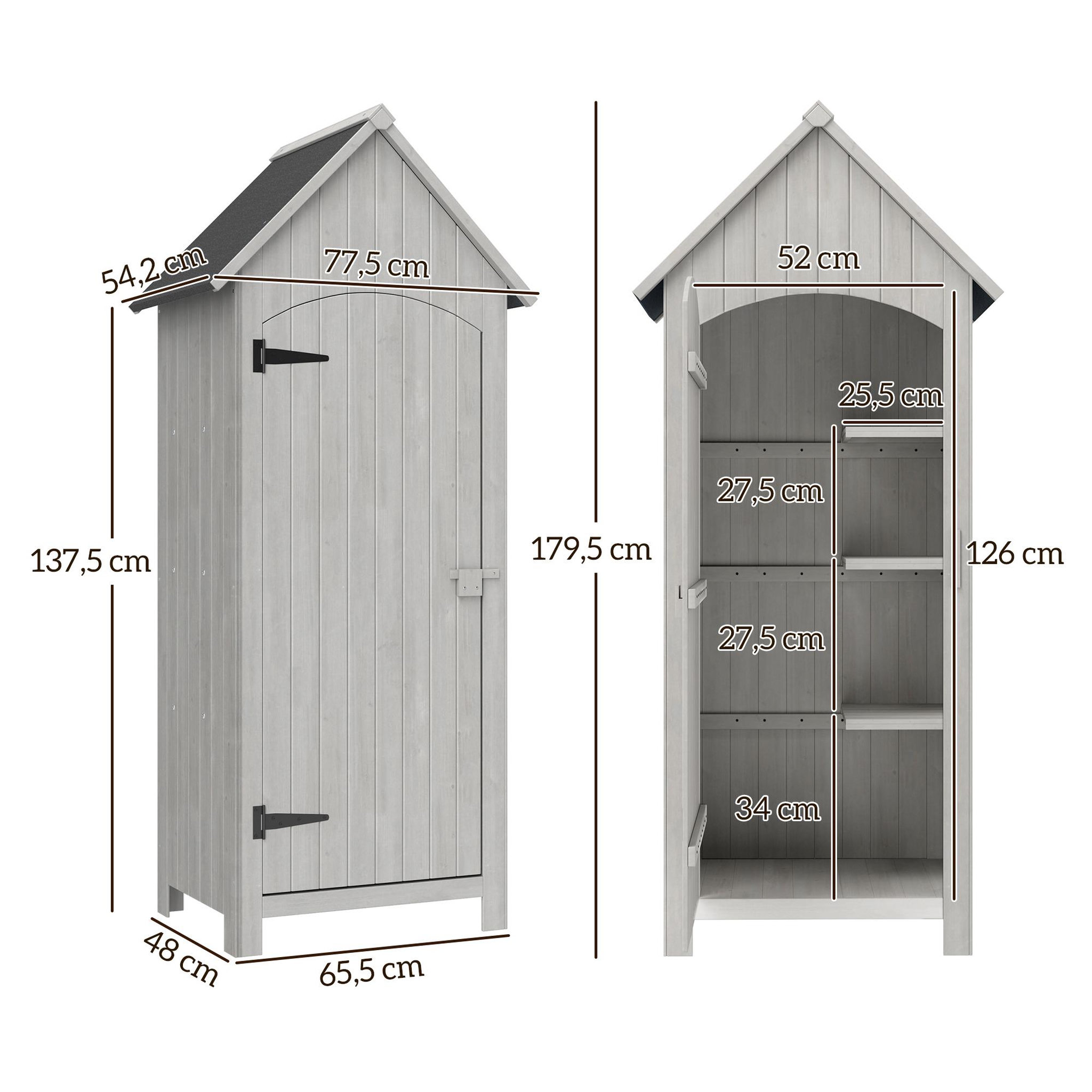 Voir la diapositive 3 : OUTSUNNY Armoire abri de jardin remise pour outils 3 étagères porte loquet toit pente bitumé dim. 77L x 54l x 179H cm bois sapin pré-huilé gris