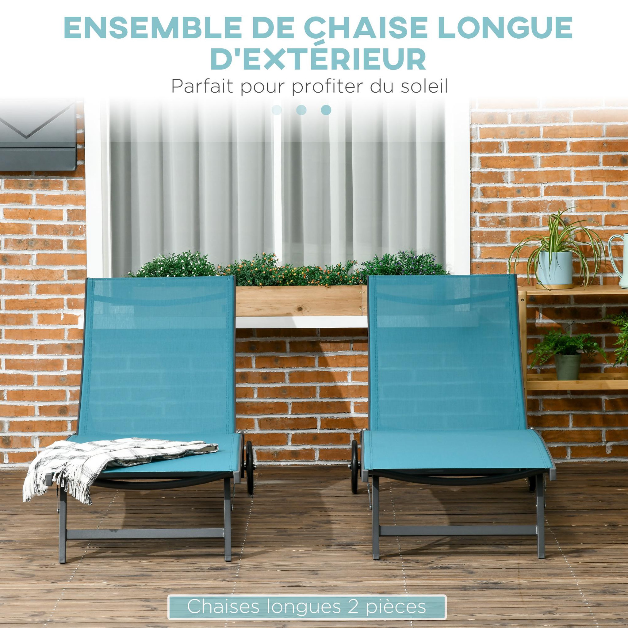 Voir la diapositive 4 : OUTSUNNY Lot de 2 bains de soleil transats inclinables - 2 roulettes - alu. textilène bleu