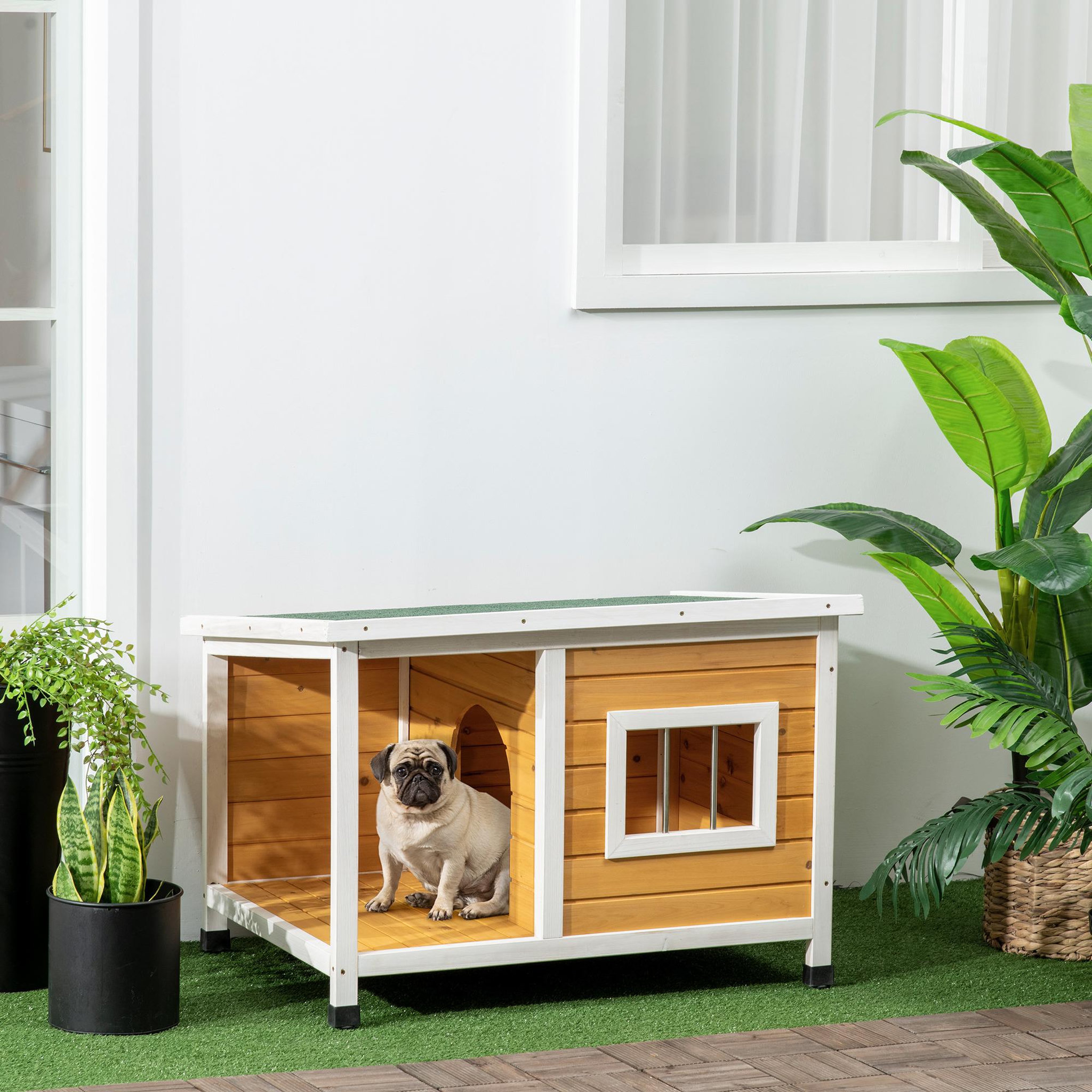 Voir la diapositive 2 : PAWHUT Niche lodge chien avec terrasse couverte sur pied - toit bitumé ouvrant, fenêtre - bois sapin pré-huilé blanc