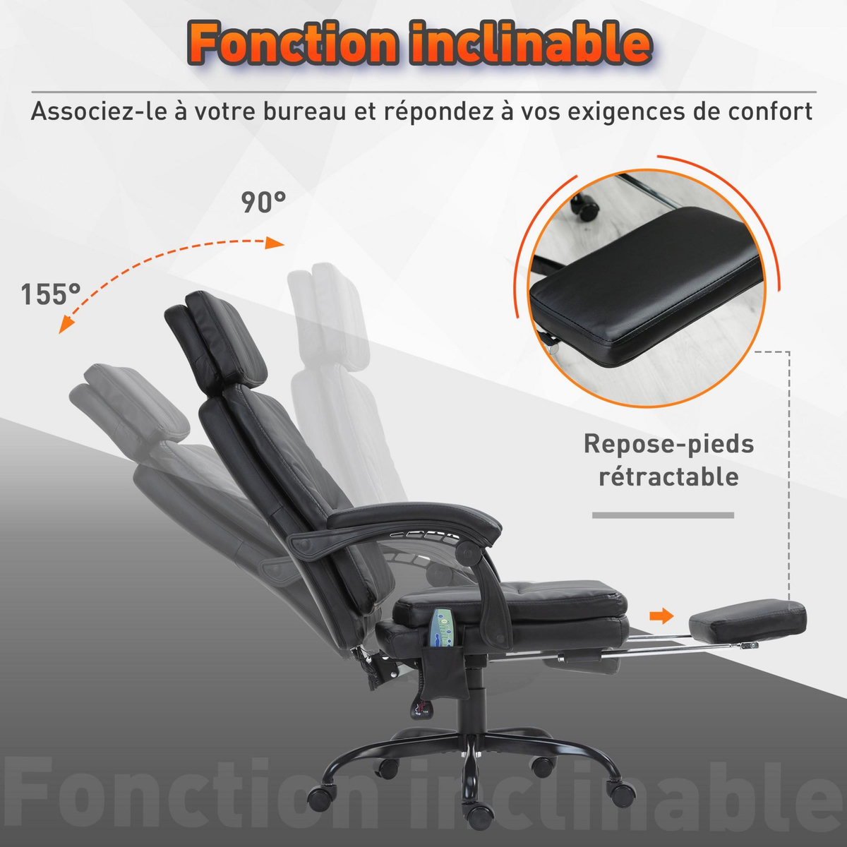 VINSETTO Fauteuil de bureau massant avec repose-pieds amovible - 65,5L x 50l x 120,5-128,5H cm - noir