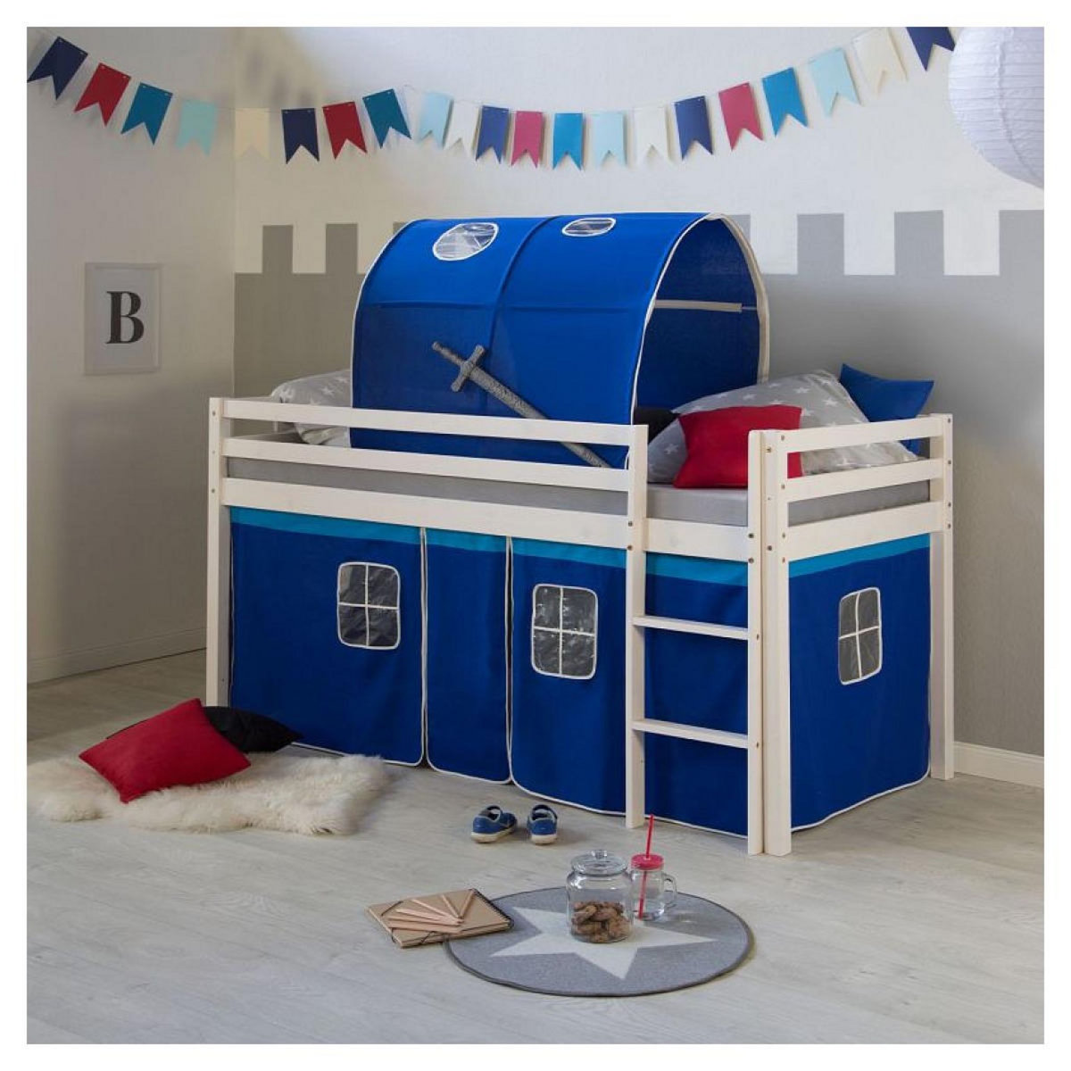 HomeStyle4U Lit bleu mi-haut 90x200 cm sommier matelas tunnel