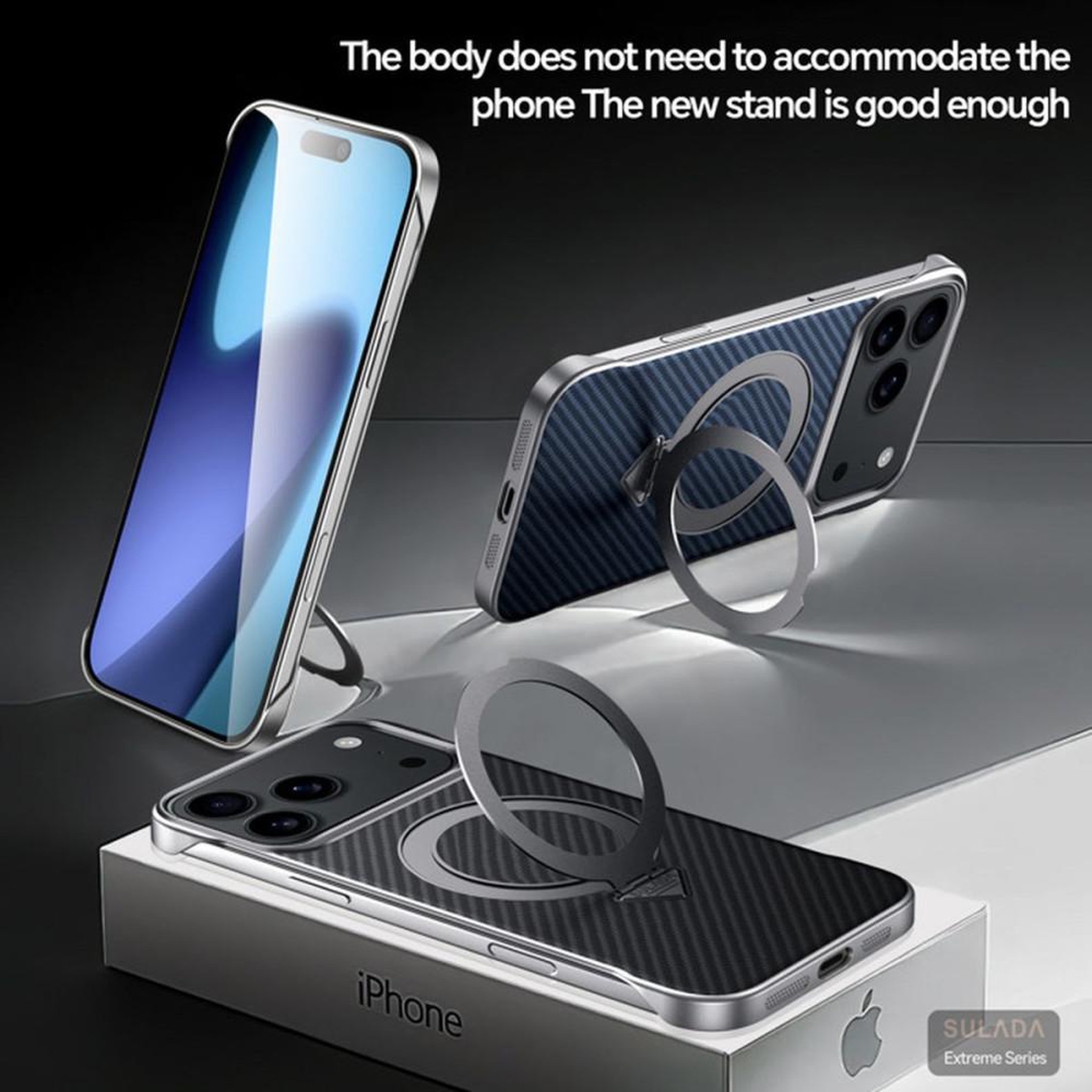 Voir la diapositive 4 : coque magnétique cuir avec support intégré pour iPhone 17 Pro Max, texture carbone, noir