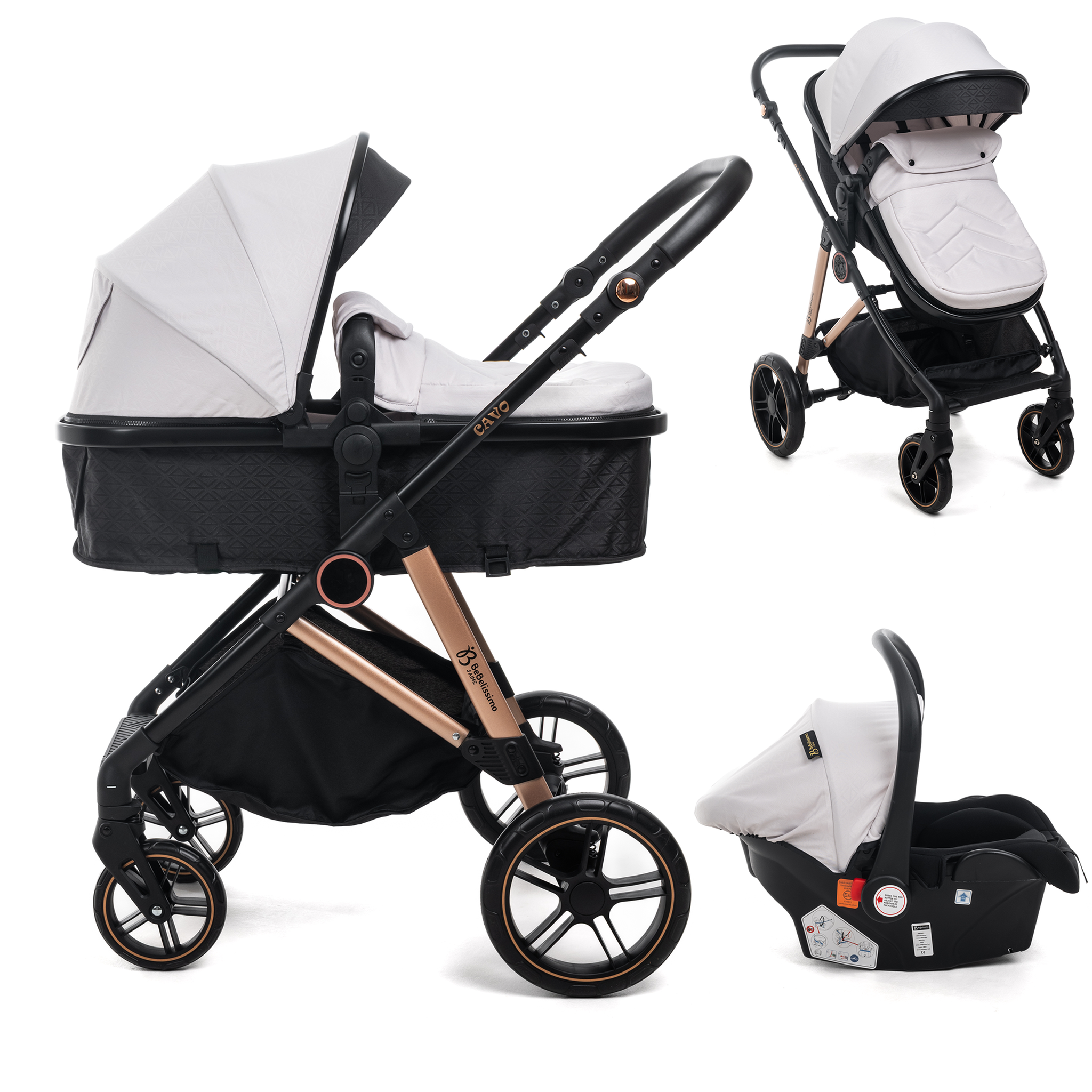 BEBELISSIMO Poussette combinée trio 3 en 1 - siège auto 0+ CAVO – nacelle – dès la naissance – jusqu'à 22kg  - beige