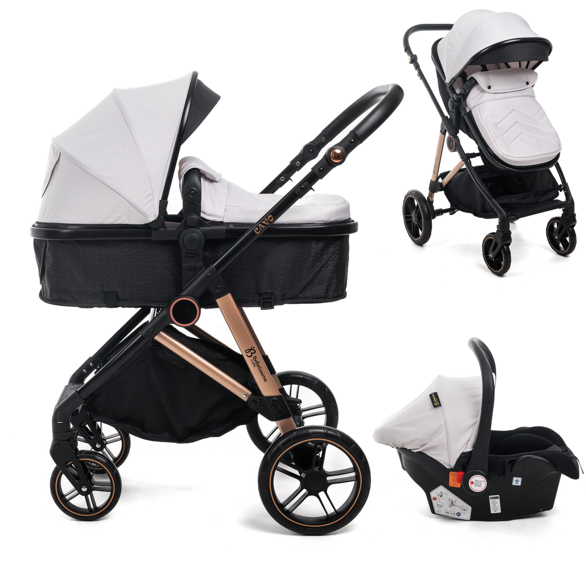 BEBELISSIMO BEBELISSIMO - Poussette combinée trio 3 en 1 - siège auto 0+ CAVO – nacelle – dès la naissance – jusqu'à 22kg  - beige
