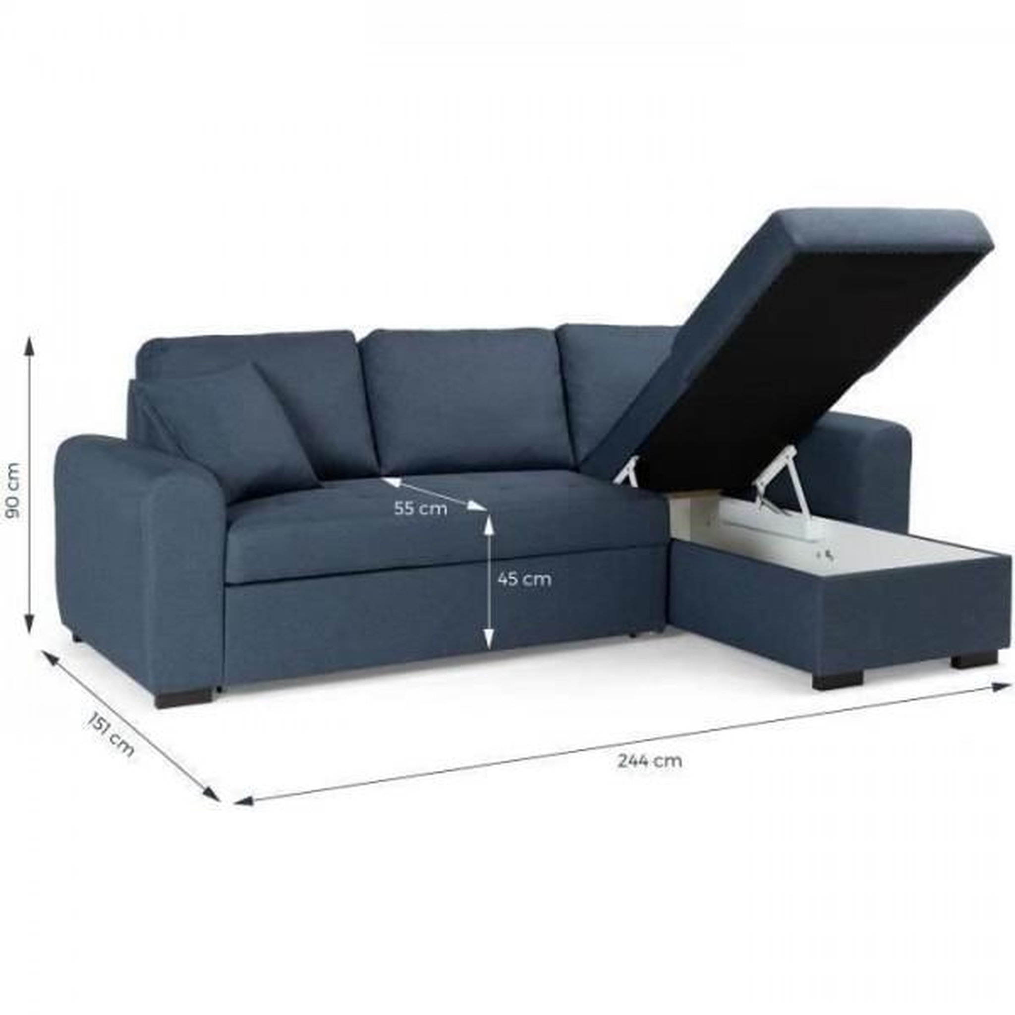 Voir la diapositive 4 : MARKET24 Canapé d'angle convertible réversible - 4 places - Tissu Bleu - HAMILTON - L 244 x P 151 x H 90 - Fabriqué en Ukraine