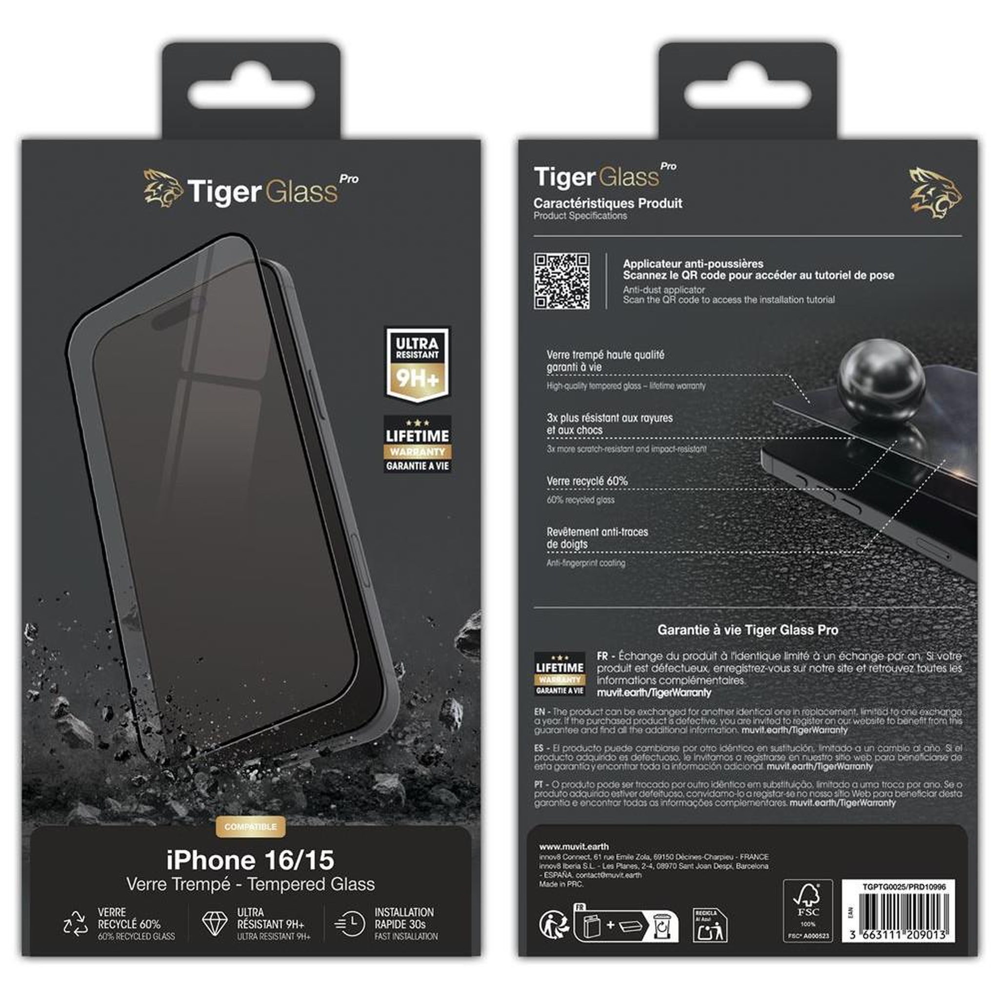 TIGER GLASS Protecteur d'écran verre trempé tigerglass pro 9h+ anti-traces recyclé 30% transparent pour iphone 16/15