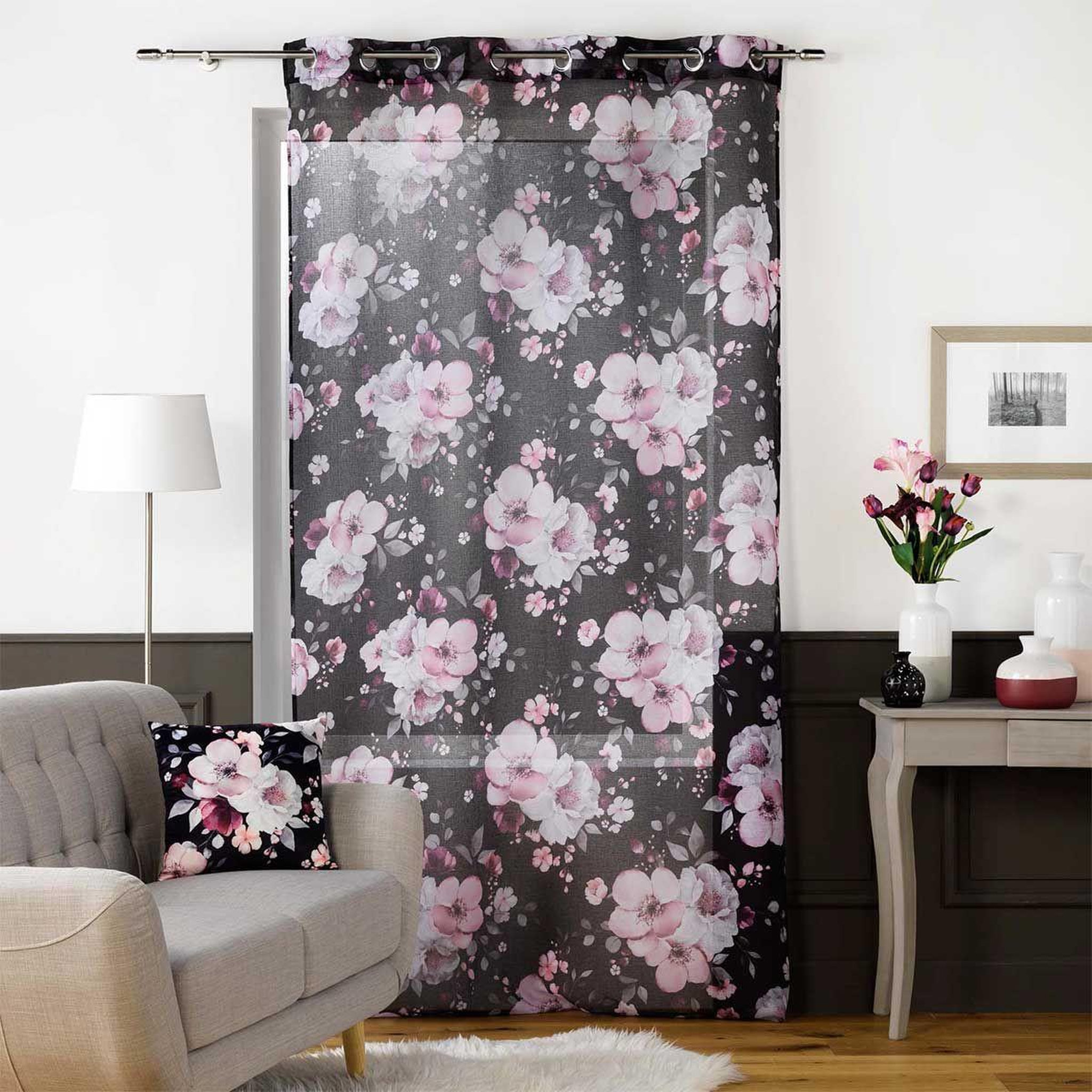 Voir la diapositive 3 : Douceur d'Intérieur Rideau voilage à œillets  velvet flower  140x280cm noir