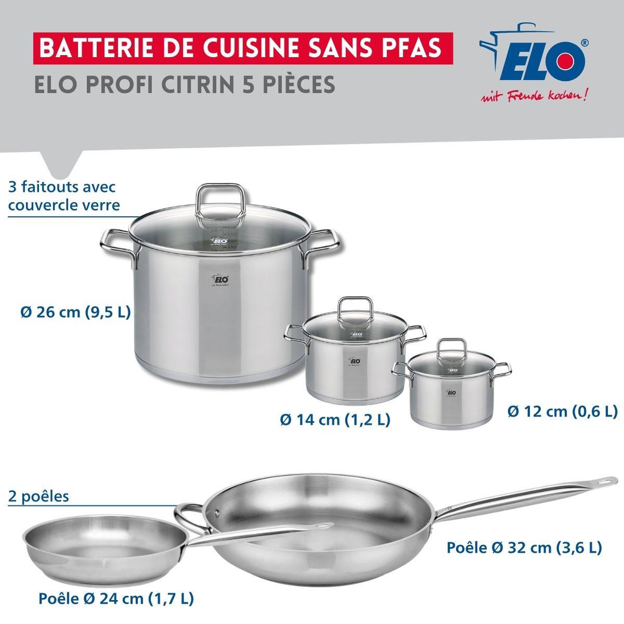 Voir la diapositive 2 : ELO Ensemble de 2 poêles de cuisson 24 et 32 cm et 3 faitouts 12, 14 et 26 cm elo profi citrin