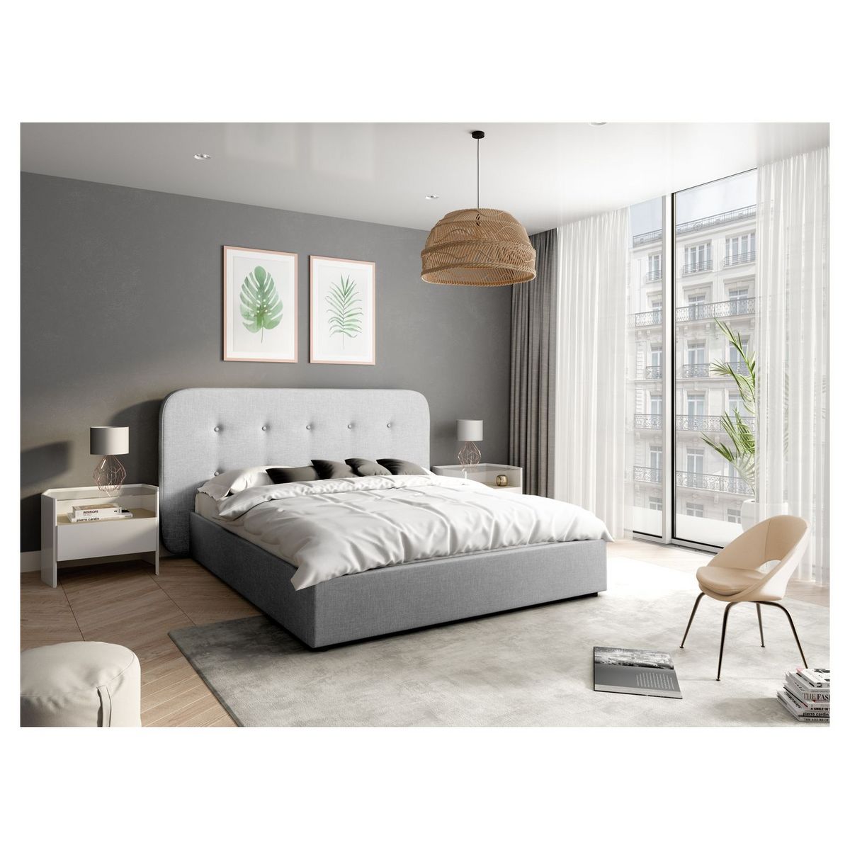 Lit coffre avec sommier relevable et tête de lit capitonnée en tissu gris clair 140x190 cm JOHN