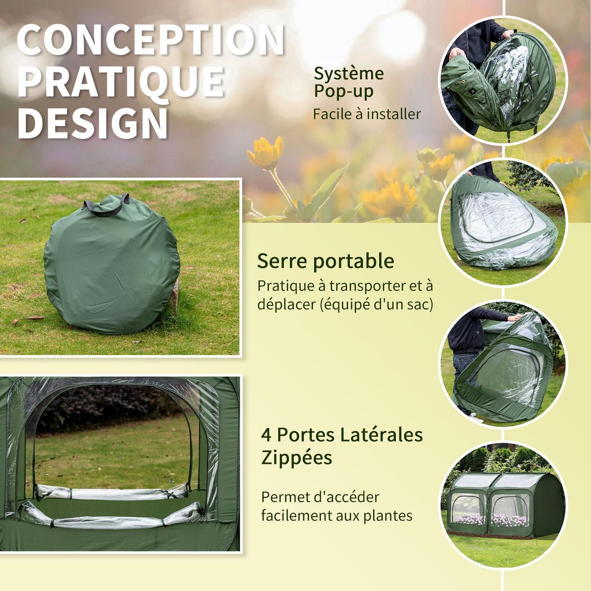 OUTSUNNY Serre pop-up - serre de jardin pop-up - 4 portes zippées enroulables - dim. 2,5L x 1,25l x 1,35H m - sac transport inclus - PVC vert