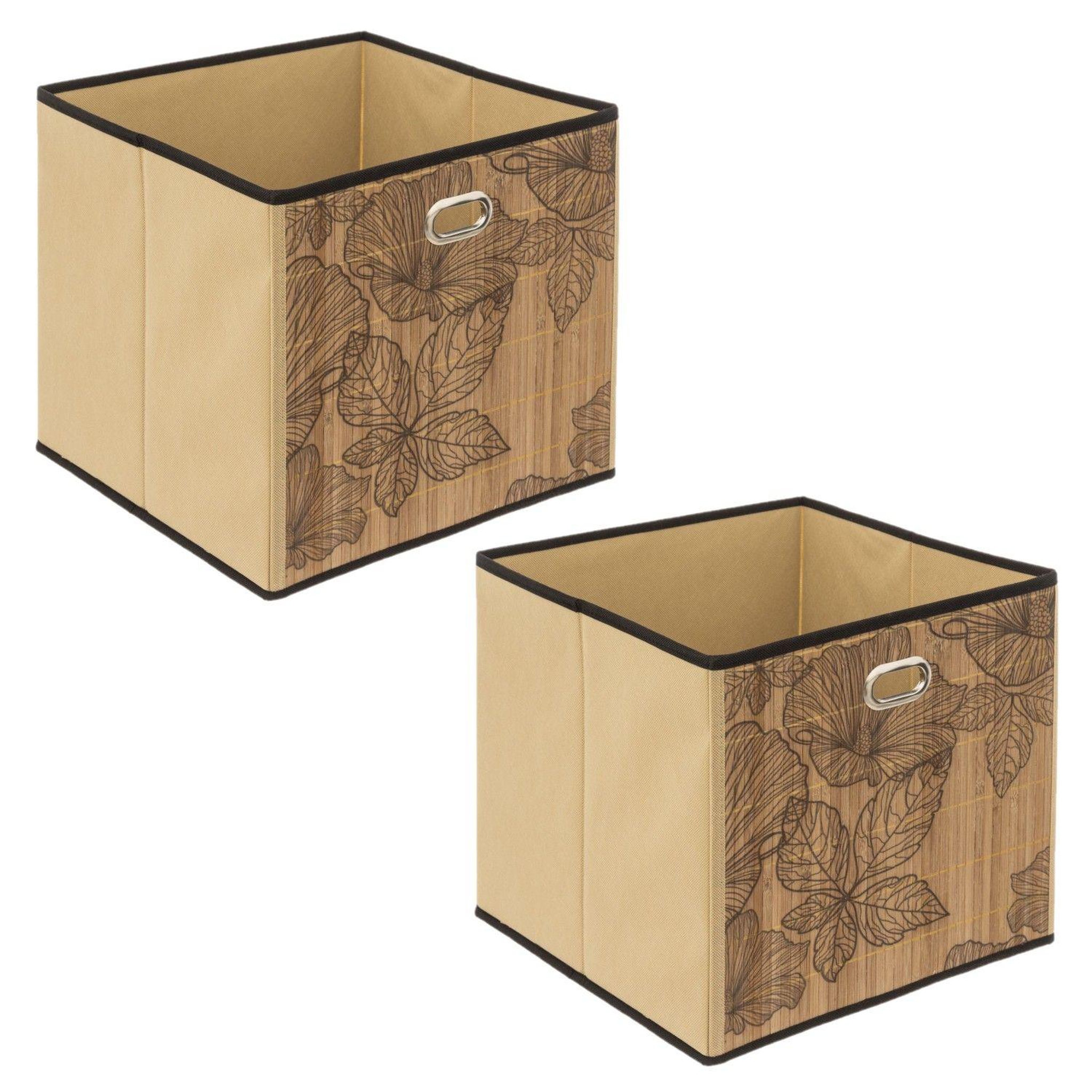 TOILINUX Lot de 2 boîtes de rangement cubes en bambou à motifs fleurs blackflora - l.31 x l.31 x h.31 cm - marron