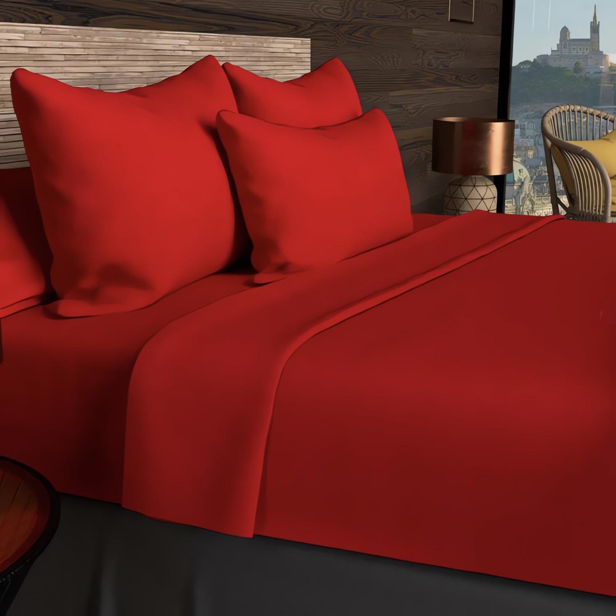 Voir la diapositive 2 : SOLEIL D'OCRE Taie d'oreiller rectangle us 50x75 cm en coton uni 57 fils soleil d'ocre rouge