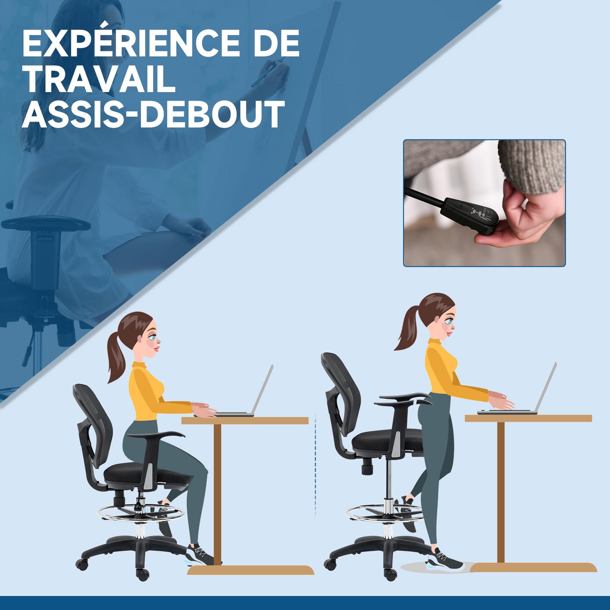Voir la diapositive 5 : VINSETTO Fauteuil de bureau chaise de bureau assise haute réglable dim. 59L x 59l x 95-115H cm pivotant 360° maille respirante noir