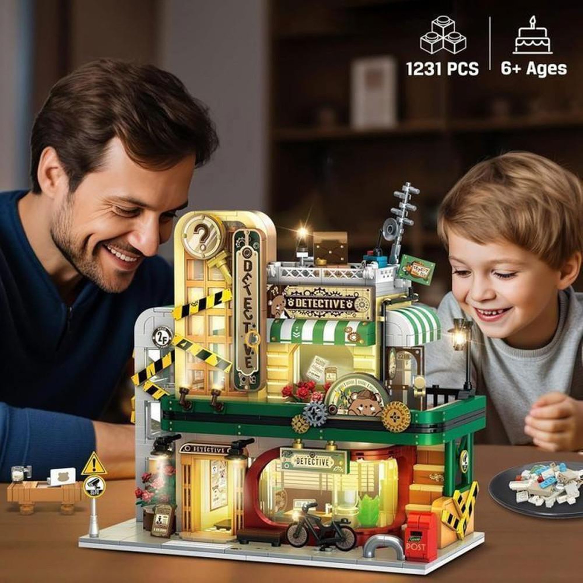 Voir la diapositive 3 : Mini maison Atelier Agence de détectives INSOON avec LED, kit de construction 1231 pièces, modèle sur 3 niveaux, projecteur rotatif et portes/fenêtres transparentes