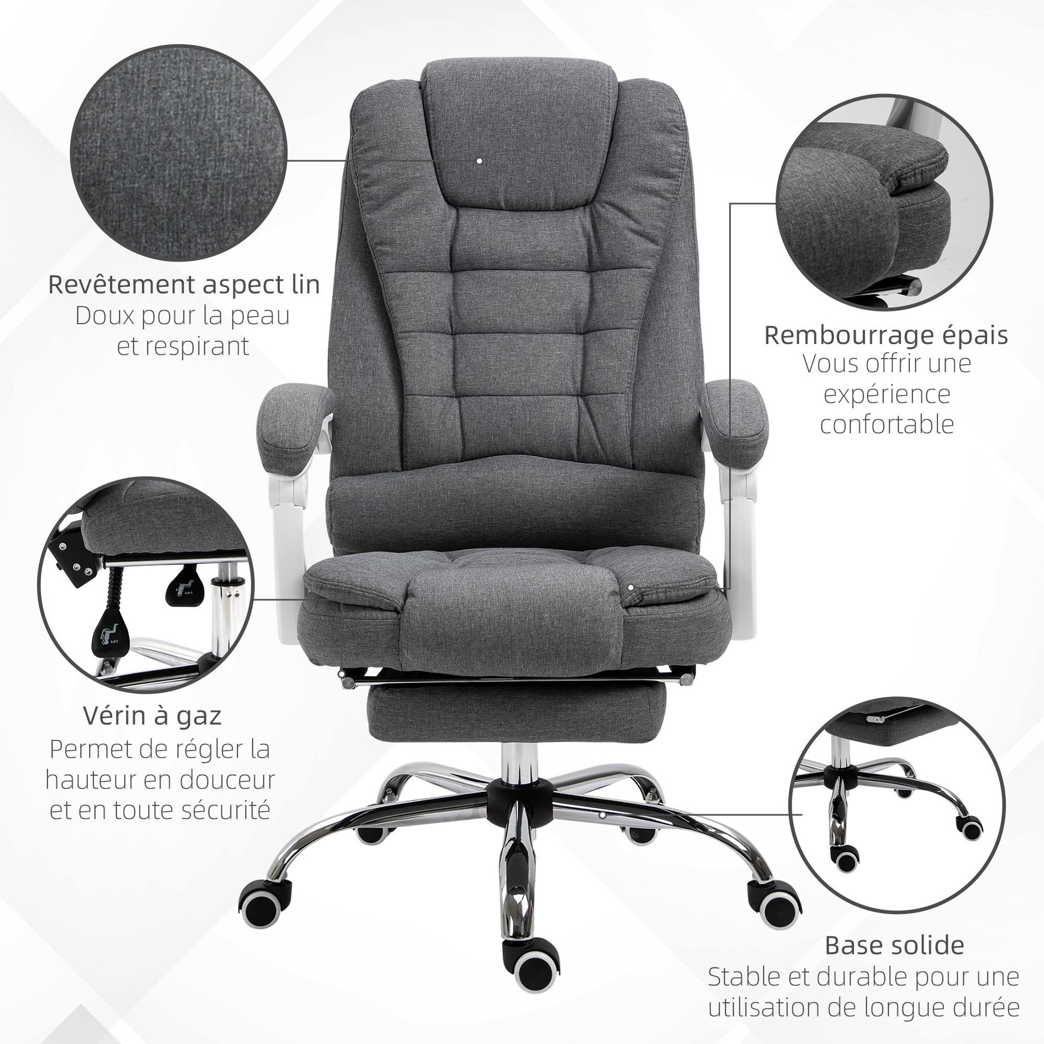Voir la diapositive 6 : VINSETTO Fauteuil de bureau manager grand confort repose-pied dossier inclinable accoudoirs rembourrés tissu aspect lin gris