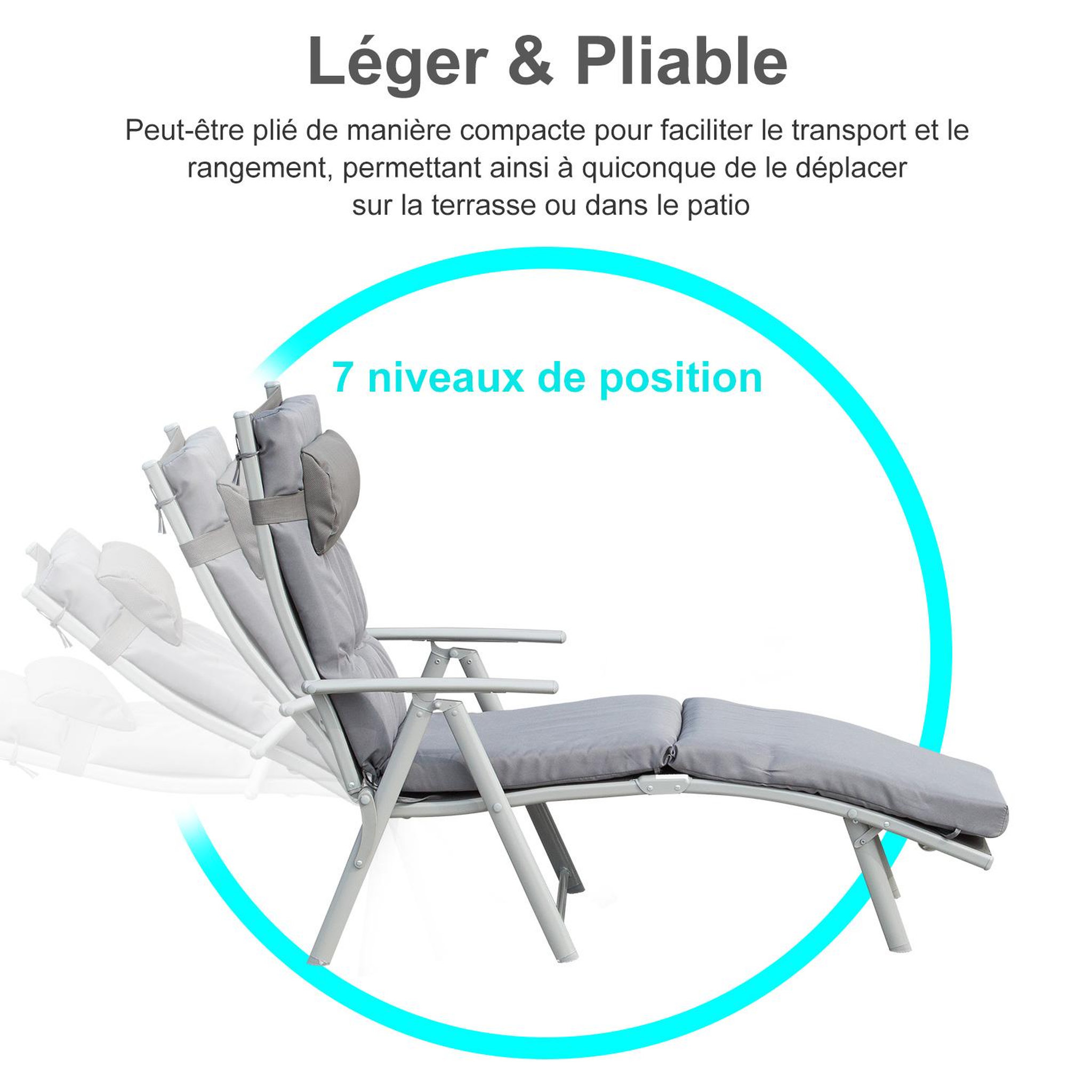 Voir la diapositive 4 : OUTSUNNY Bain de soleil pliable transat inclinable 7 positions chaise longue grand confort avec matelas + accoudoirs métal époxy textilène polyester gris