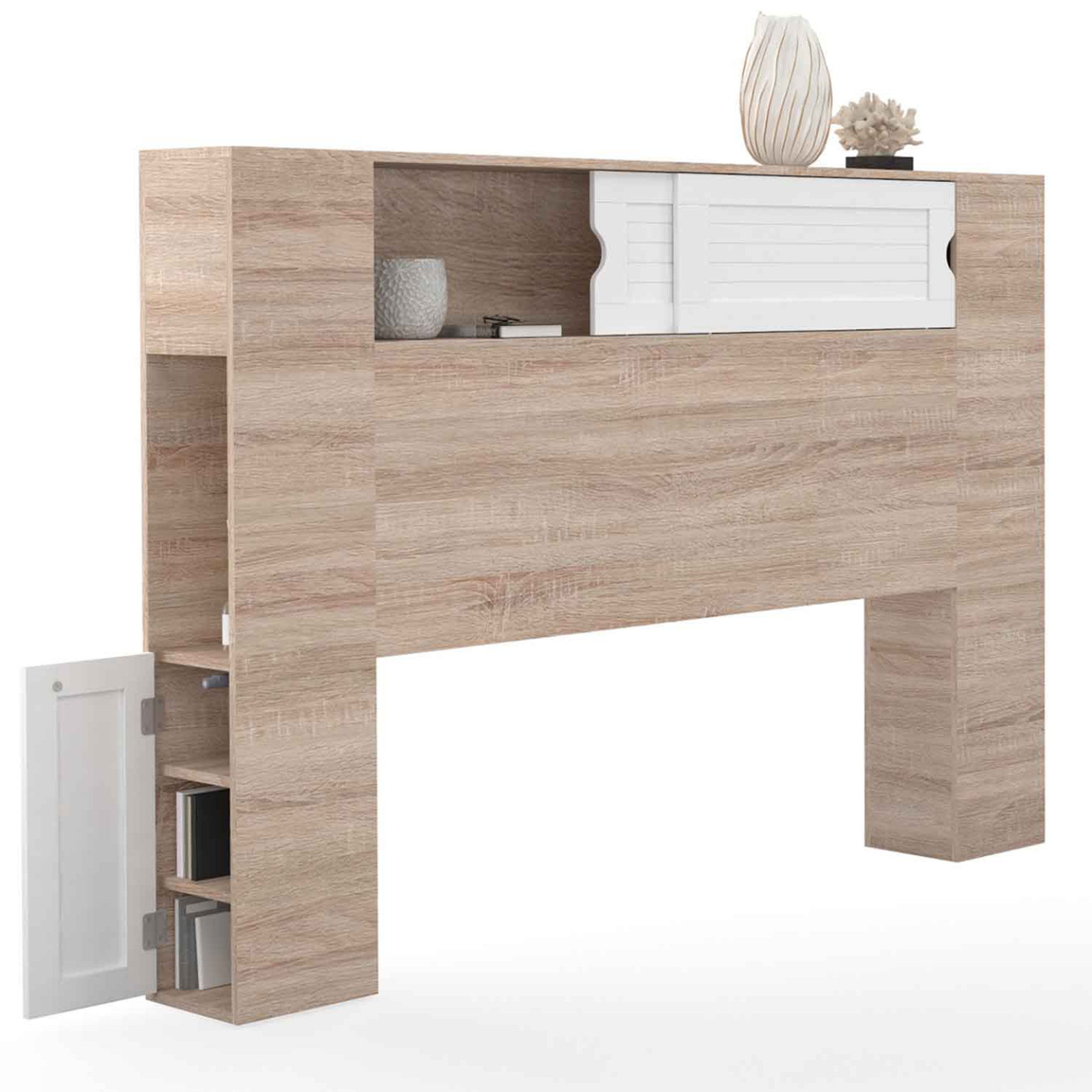 ID MARKET Tête de lit sur pied salem 145 cm avec rangements fermés et niches bois et blanc