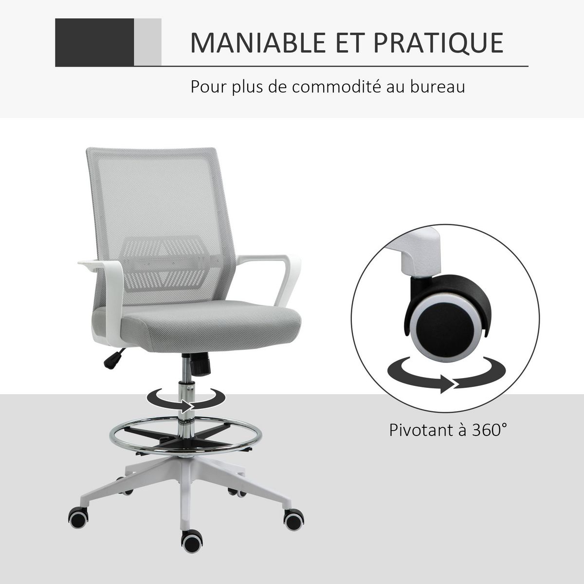 HOMCOM Fauteuil de bureau chaise de bureau assise haute réglable dim. 64L x 59l x 104-124H cm pivotant 360° maille respirante gris