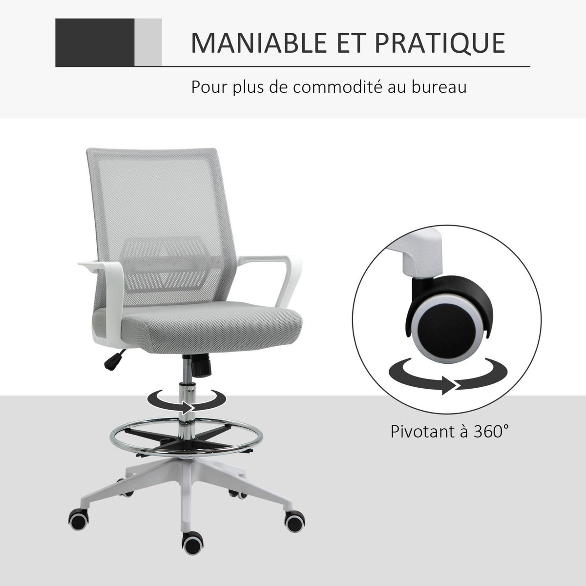 HOMCOM Fauteuil de bureau chaise de bureau assise haute réglable dim. 64L x 59l x 104-124H cm pivotant 360° maille respirante gris