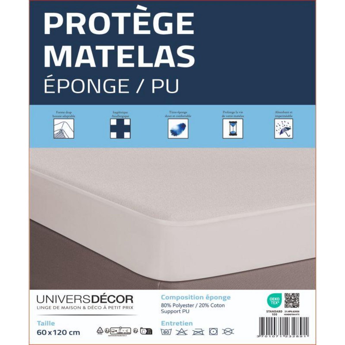 COTON PUR Protège matelas imperméable, absorbant et anti-acariens 60 x120 cm