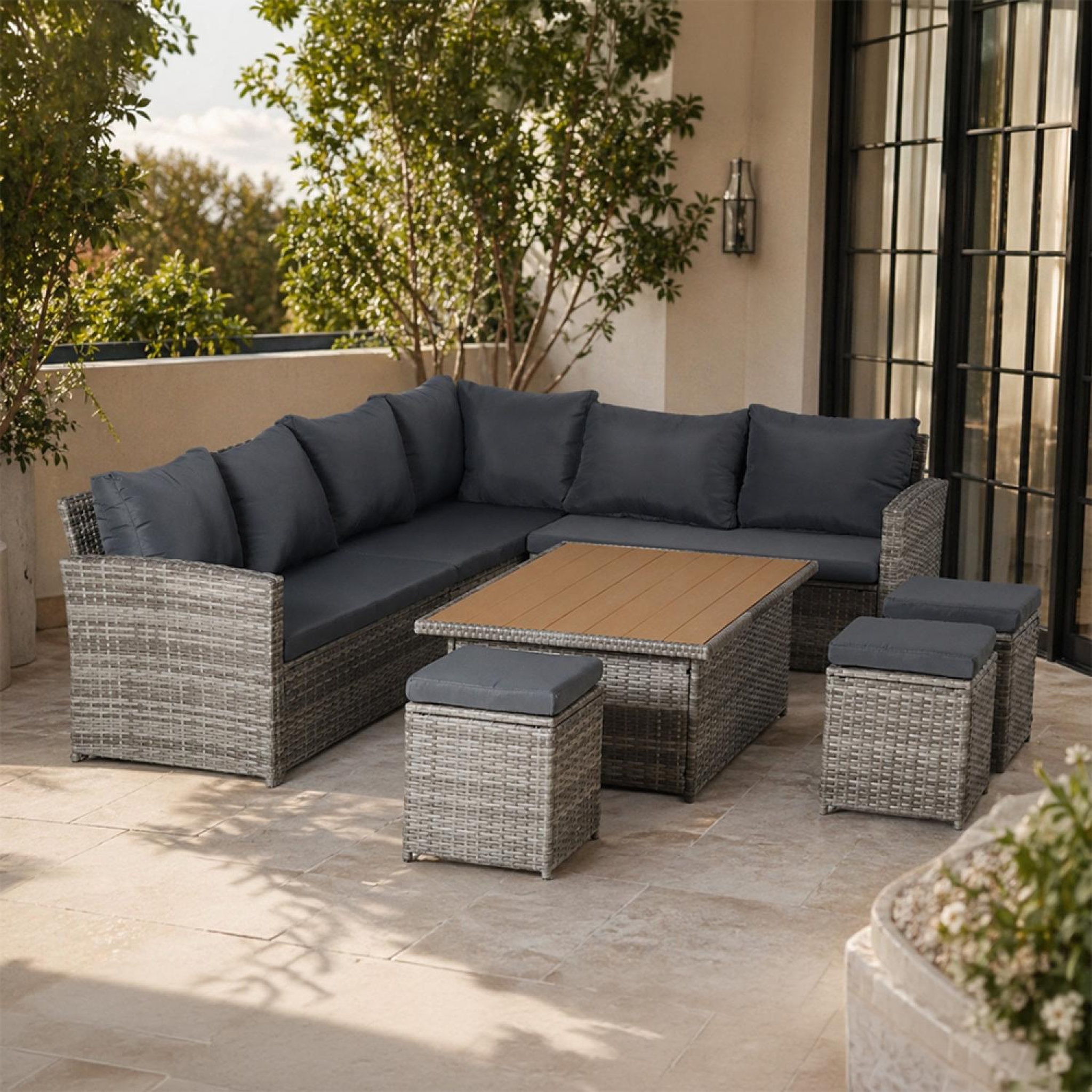 Voir la diapositive 5 : CONCEPT USINE Salon de jardin modulable 9 places en résine tressée avec table relevable effet bois sahara