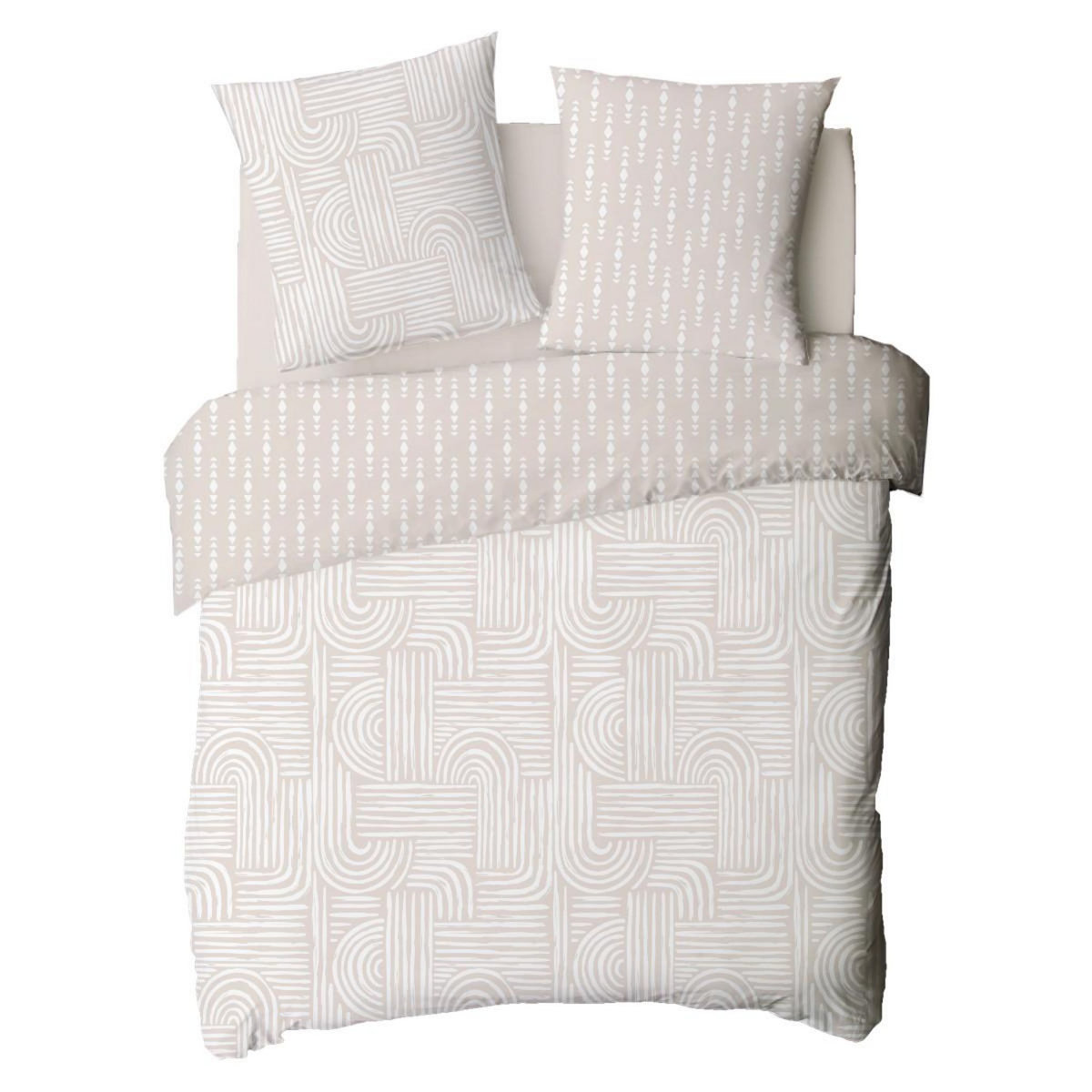 FUTURE HOME Parure de lit 2 personnes en coton 57 fils imprimé beige