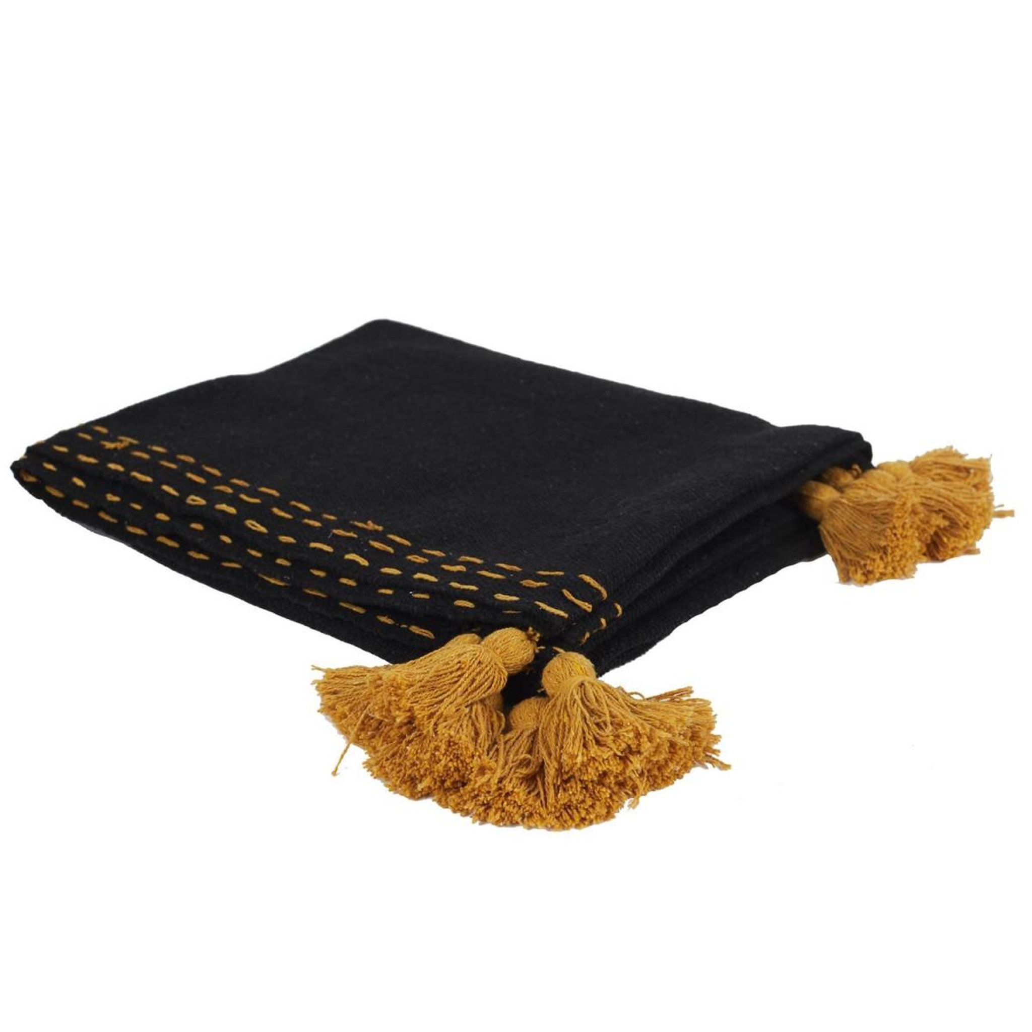 The Home Deco Factory Jeté de canapé coton  pompons  130x150cm noir