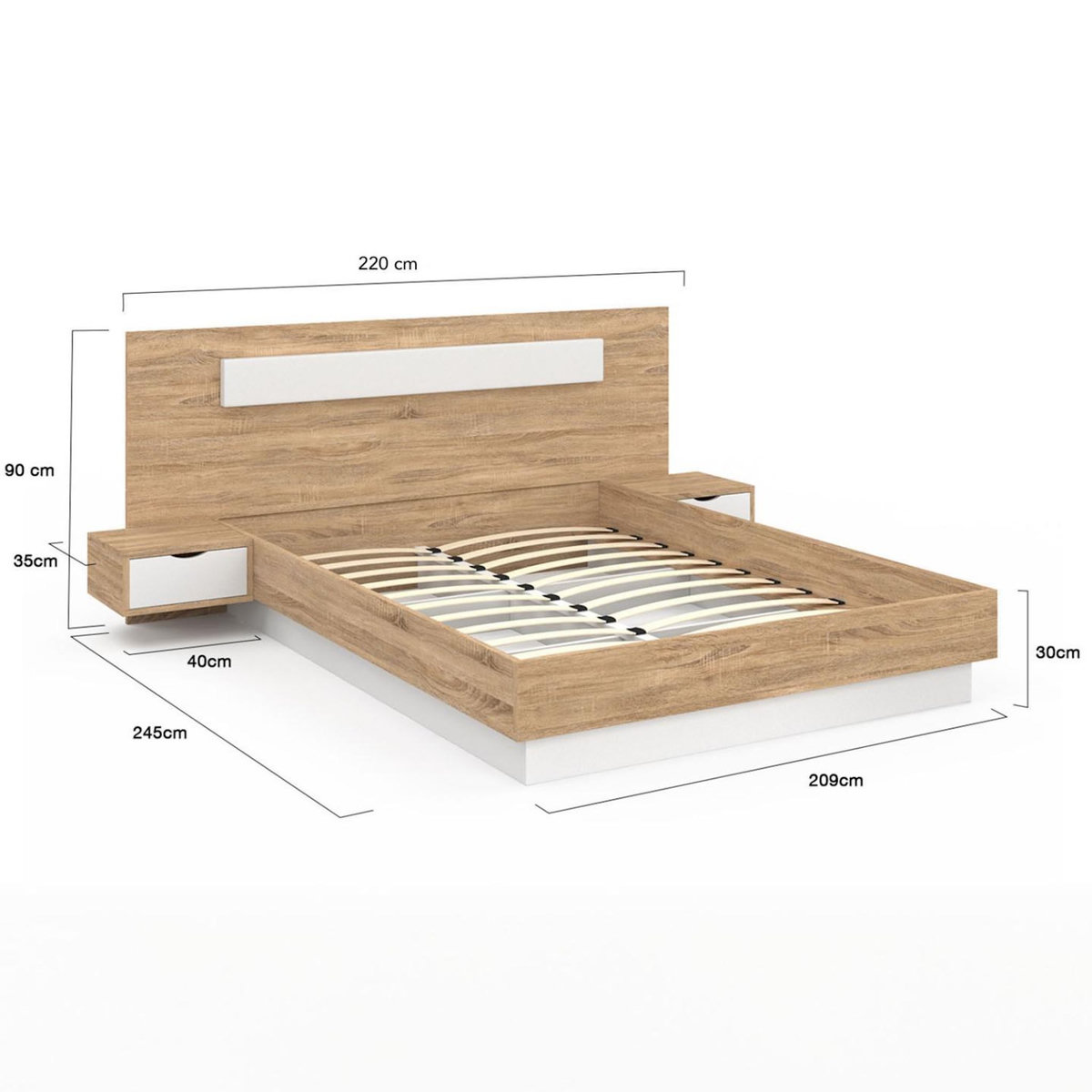 ID MARKET Lit double SANTA avec tête de lit + tables de chevet intégrées et sommier 160 x 200 cm bois et blanc